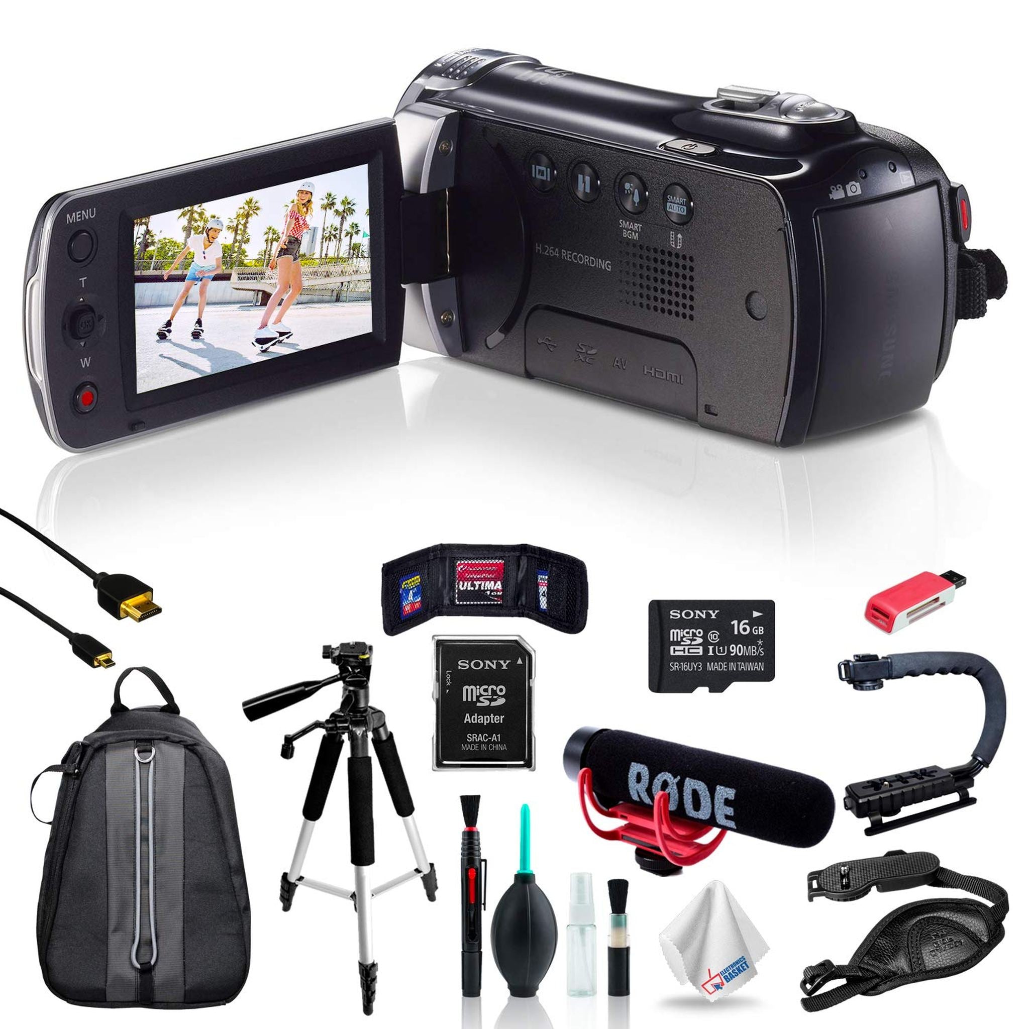 Samsung HMX-F90 Black Camcorder + 16GB mSDXC C10 Memory Card + Rode Microphone + Hands-Free Shoulder Mount Stabilizer Ultimate Bundle Samsung