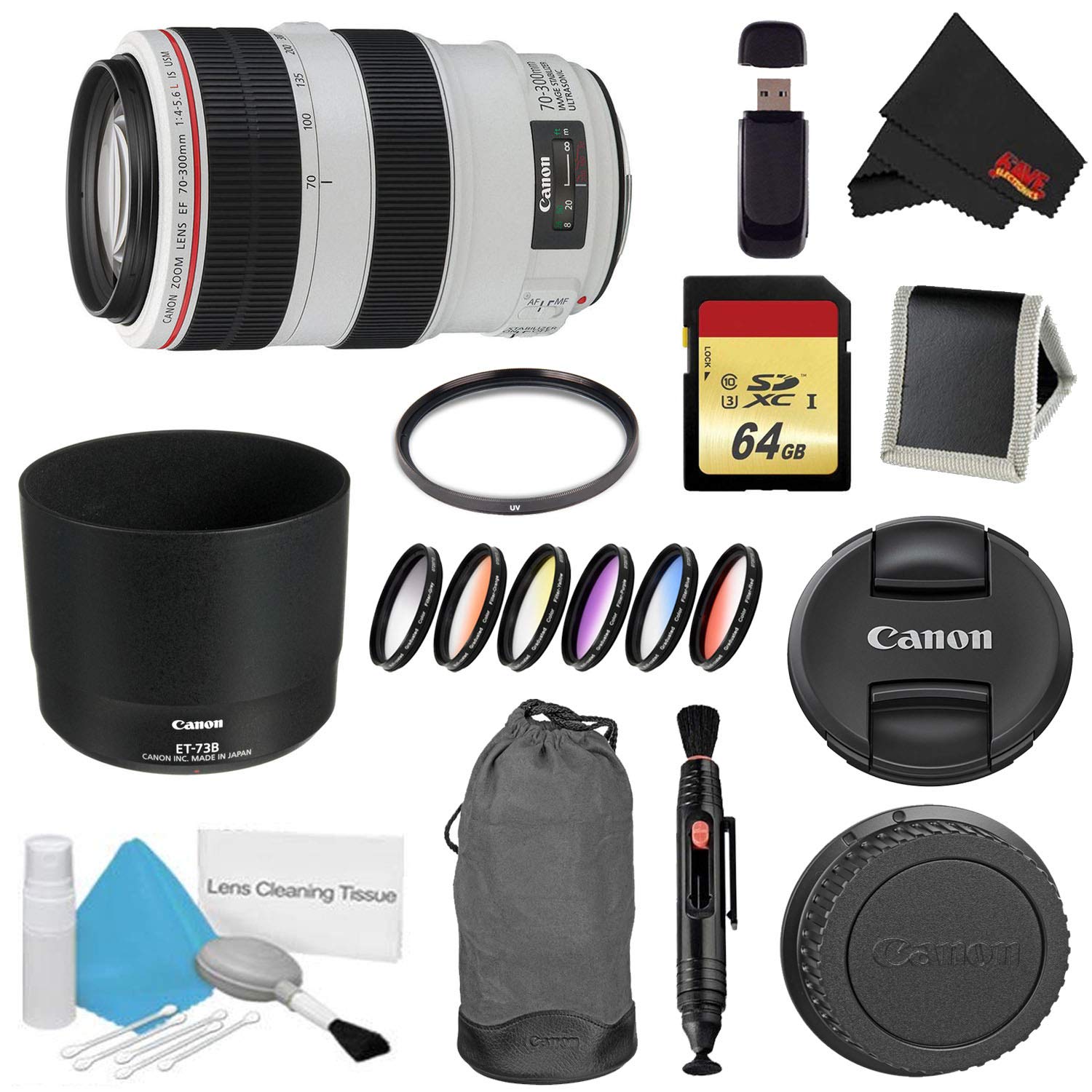 Canon EF 70-300mm f/4-5.6L is USM Lens Bundle w/ 64GB Memory Card + Accessories, UV Filter Color Multicoated 6 Piece Fil Canon