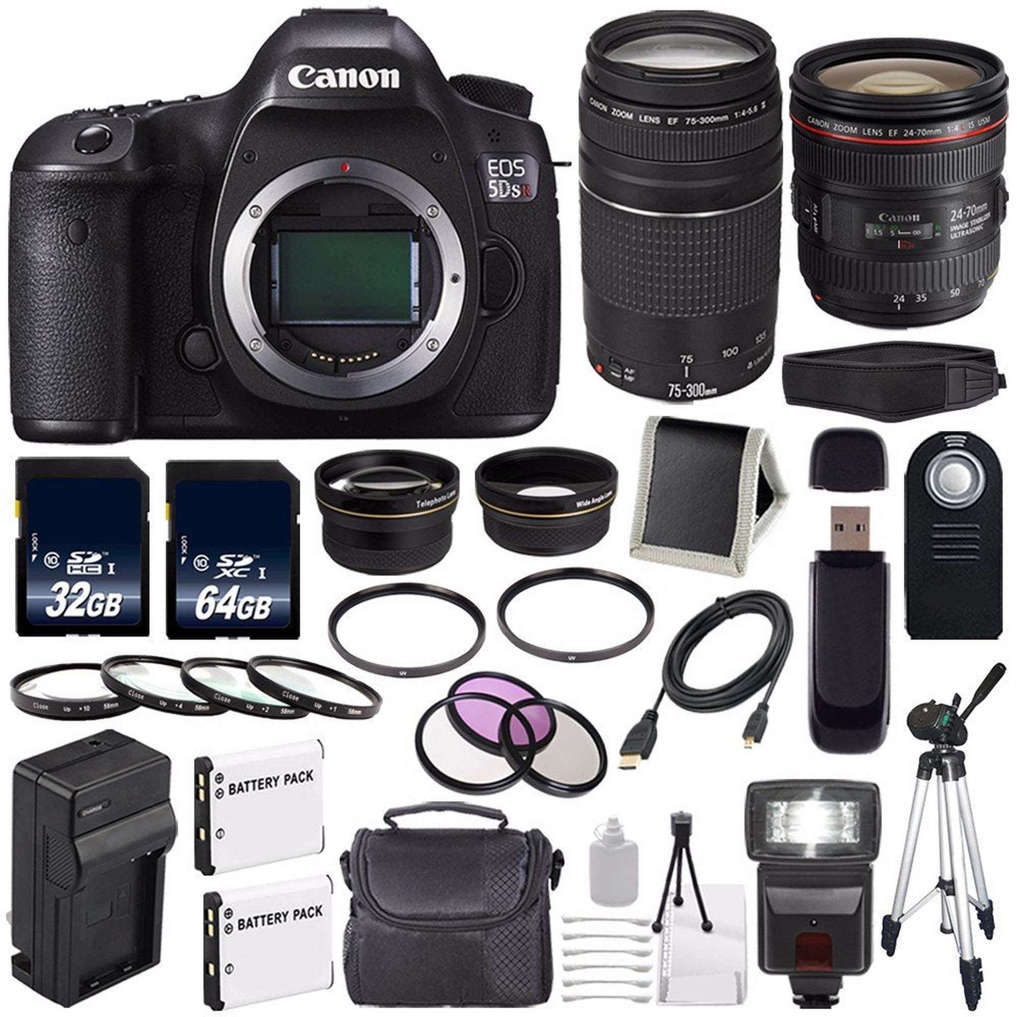 Canon EOS 5DS R DSLR Camera International Model 0582C002 + Canon EF 24-70mm f/4L is USM Lens + Canon EF 75-300 III Deluxe Bundle Canon