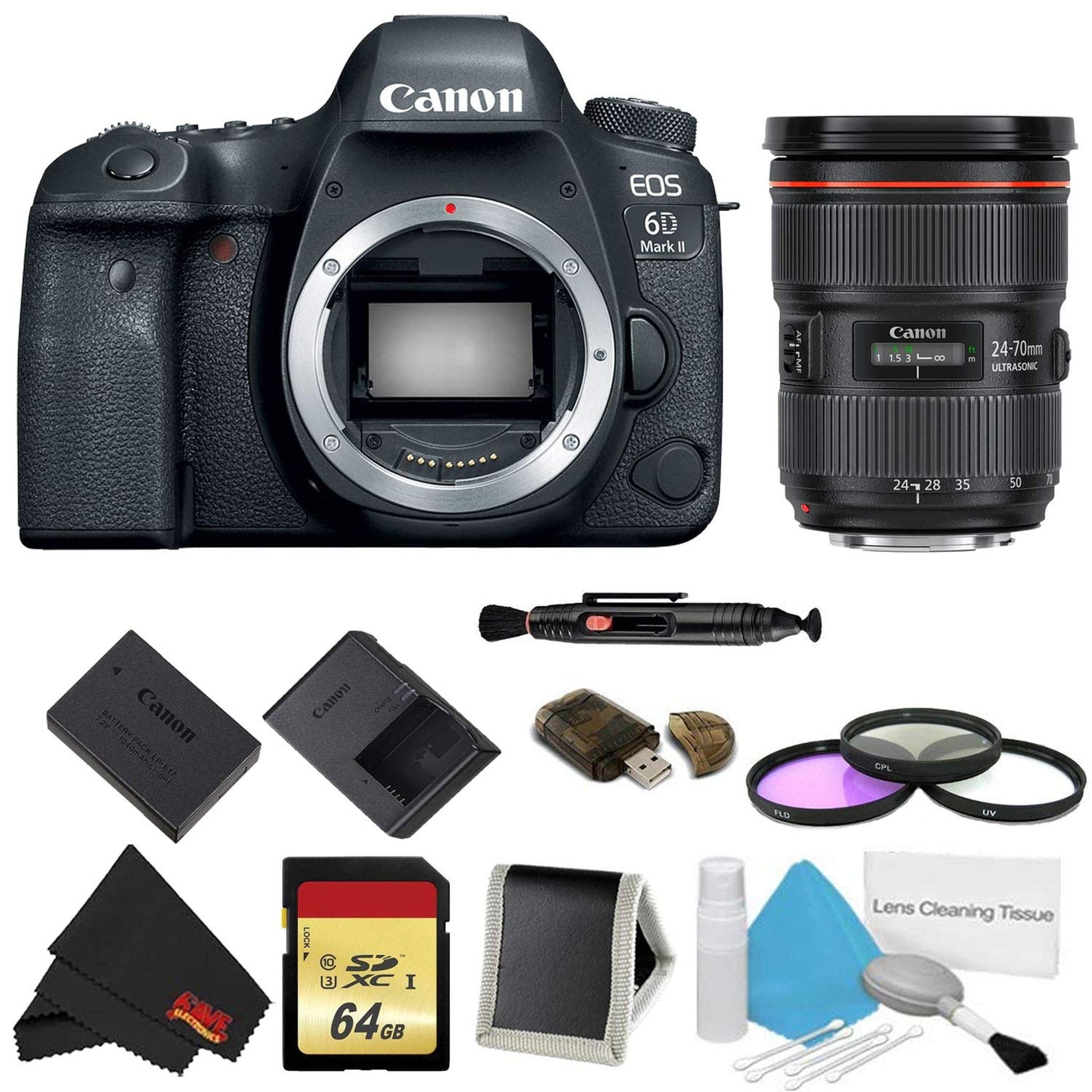 Canon EOS 6D Mark II DSLR Camera Body Only 3 Piece Filter w/Memory Bundle + Bonus Canon EF 24-70mm f/2.8L II USM Lens Canon