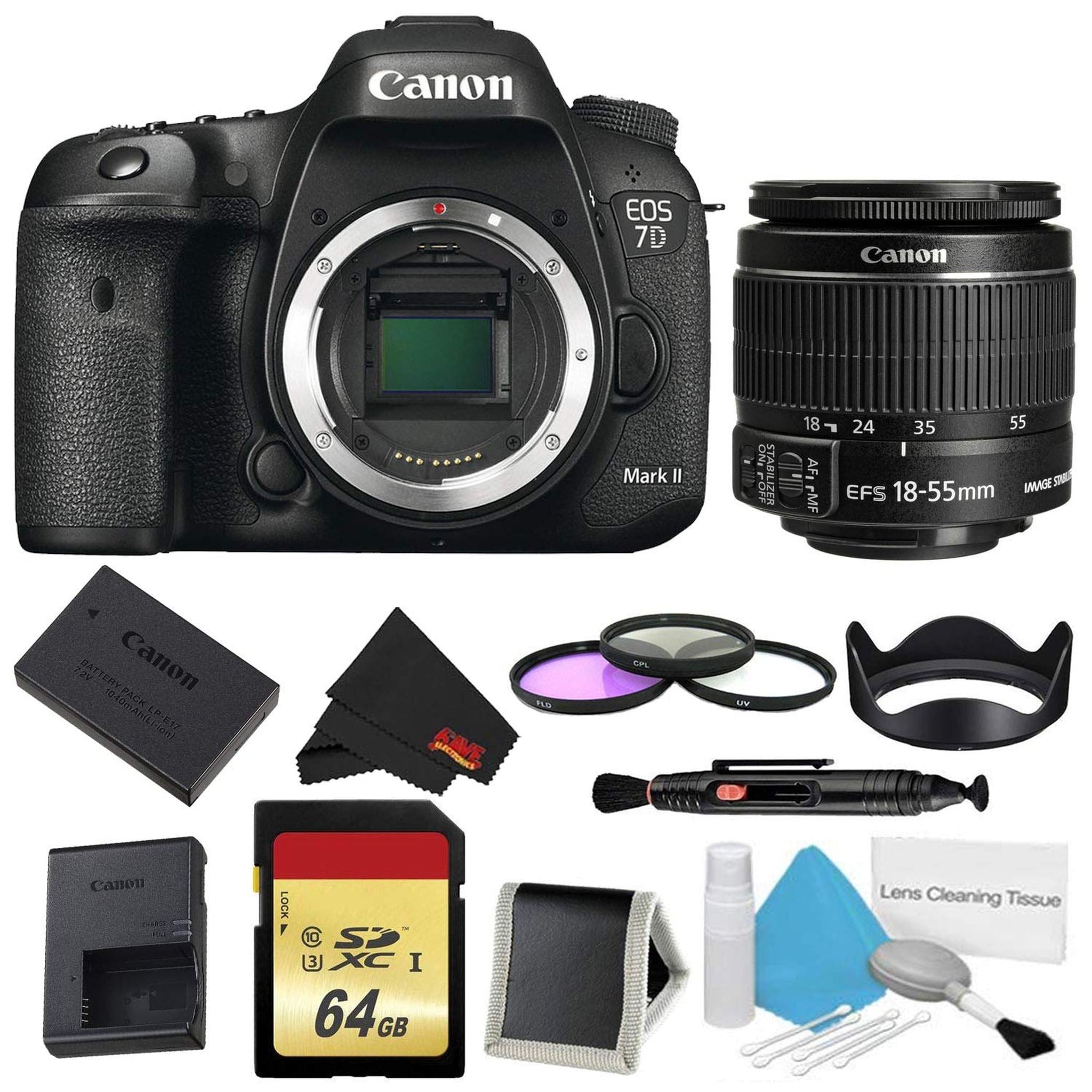 Canon EOS 7D Mark II DSLR Camera Body Only 3 Piece Filter Bundle w/Memory & 18-55mm Lens International Model Canon