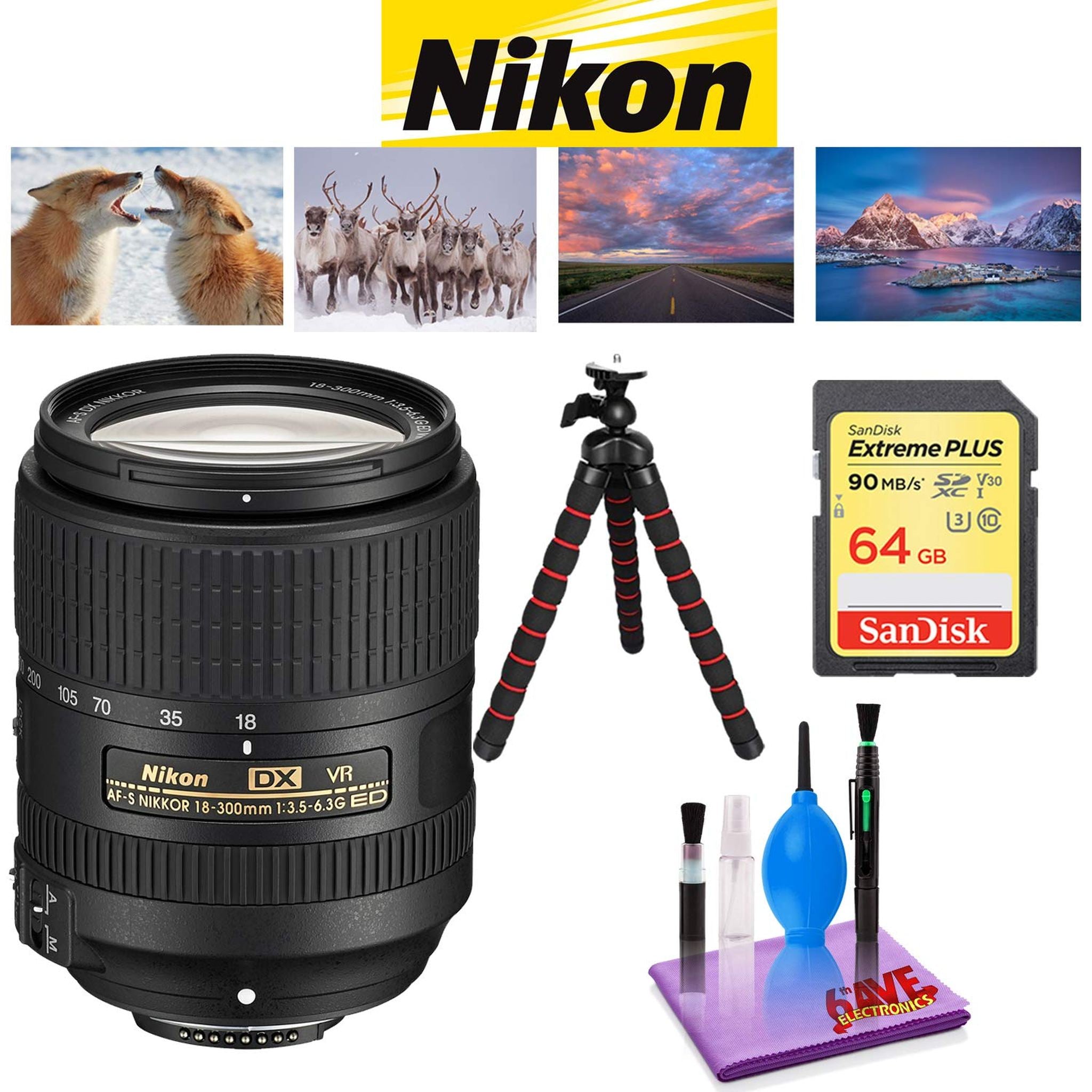 NIKON 18-300MM F/3.5-6.3G ED AF-S DX VR Lens with Sandisk 64 GB Memory Card, Deluxe Backpack for Camera + Video Bundle Nikon