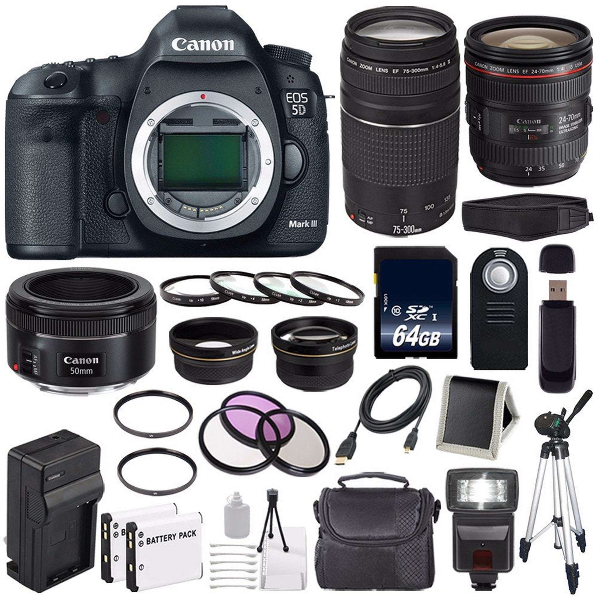 Canon EOD 5D III Digital Camera International Model + Canon EF 24-70mm f/4L is USM Lens + Canon EF 75-300 III+ EF 50mm Extreme Bundle Canon