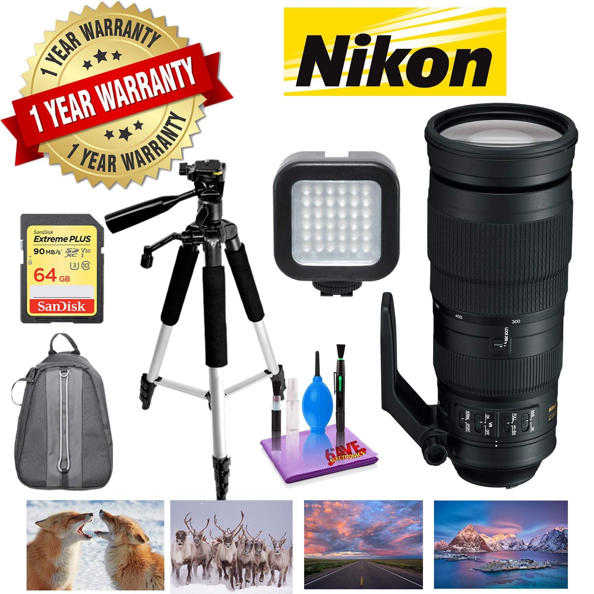 Nikon AF-S NIKKOR 200-500mm f/5.6E ED VR Lens with 1 Year Warranty, Sandisk 64GB Memory, Portable LED Light, and Deluxe Nikon