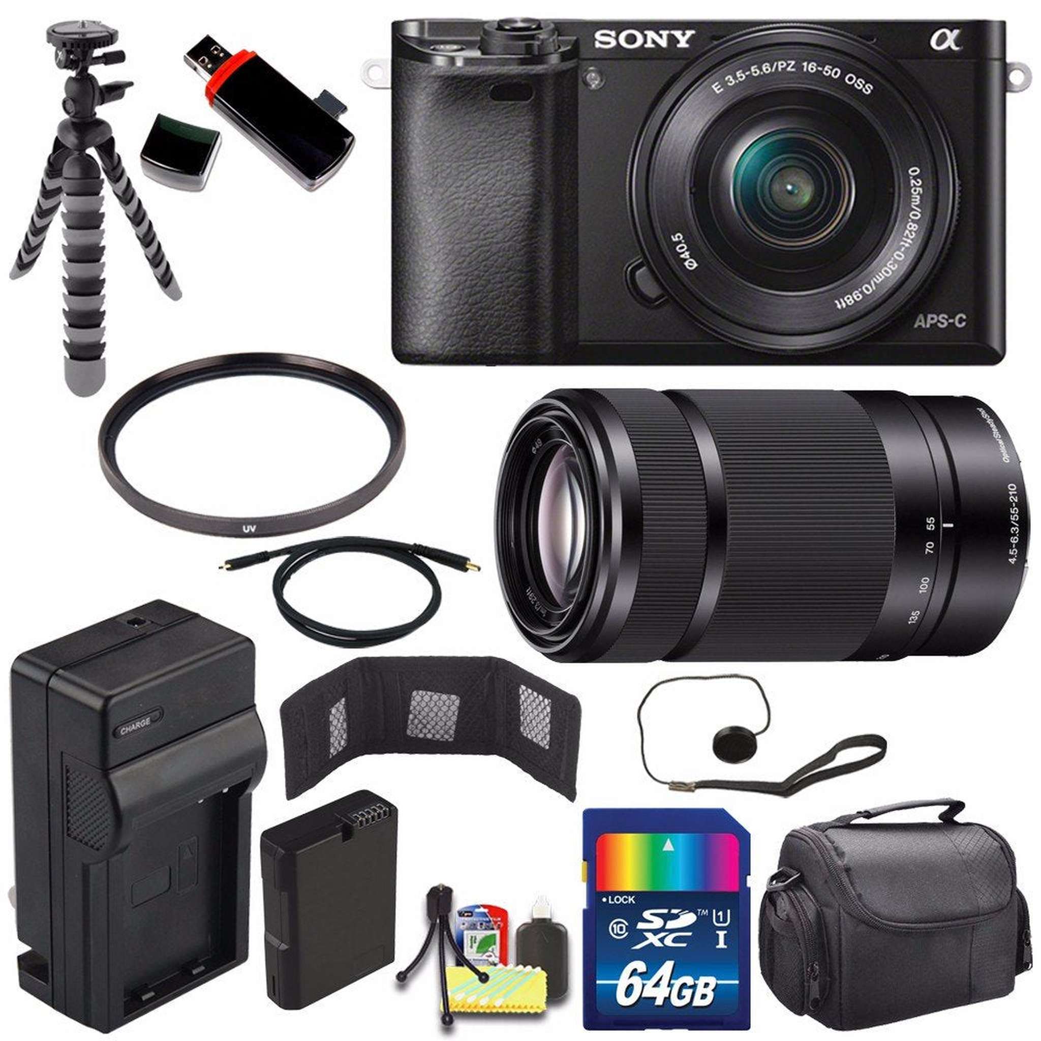 Sony Alpha a6000 Mirrorless Digital Camera with 16-50mm Lens Black + Sony E 55-210mm f/4.5-6.3 OSS E-Mount Lens 64GB Advanced Bundle Sony