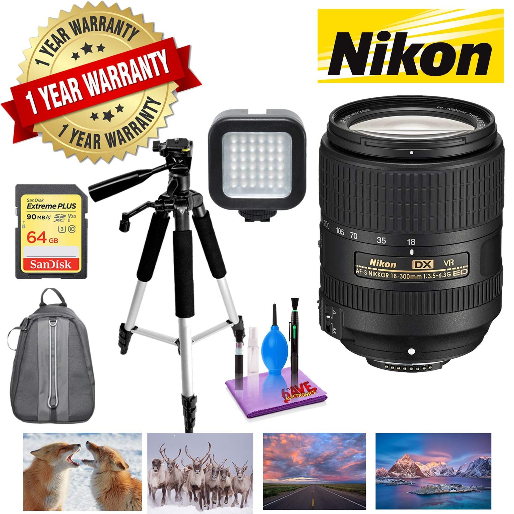 NIKON 18-300MM F/3.5-6.3G ED AF-S DX VR Lens with 1 Year Warranty, Sandisk 64GB Memory, Portable LED Light Deluxe Bundle Nikon