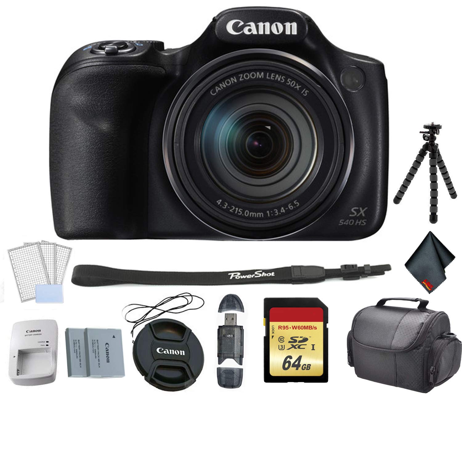 Canon PowerShot SX540 HS Digital Point and Shoot Camera Bundle with Replacement Battery + 64GB Memory Card + Flexible Tr Canon