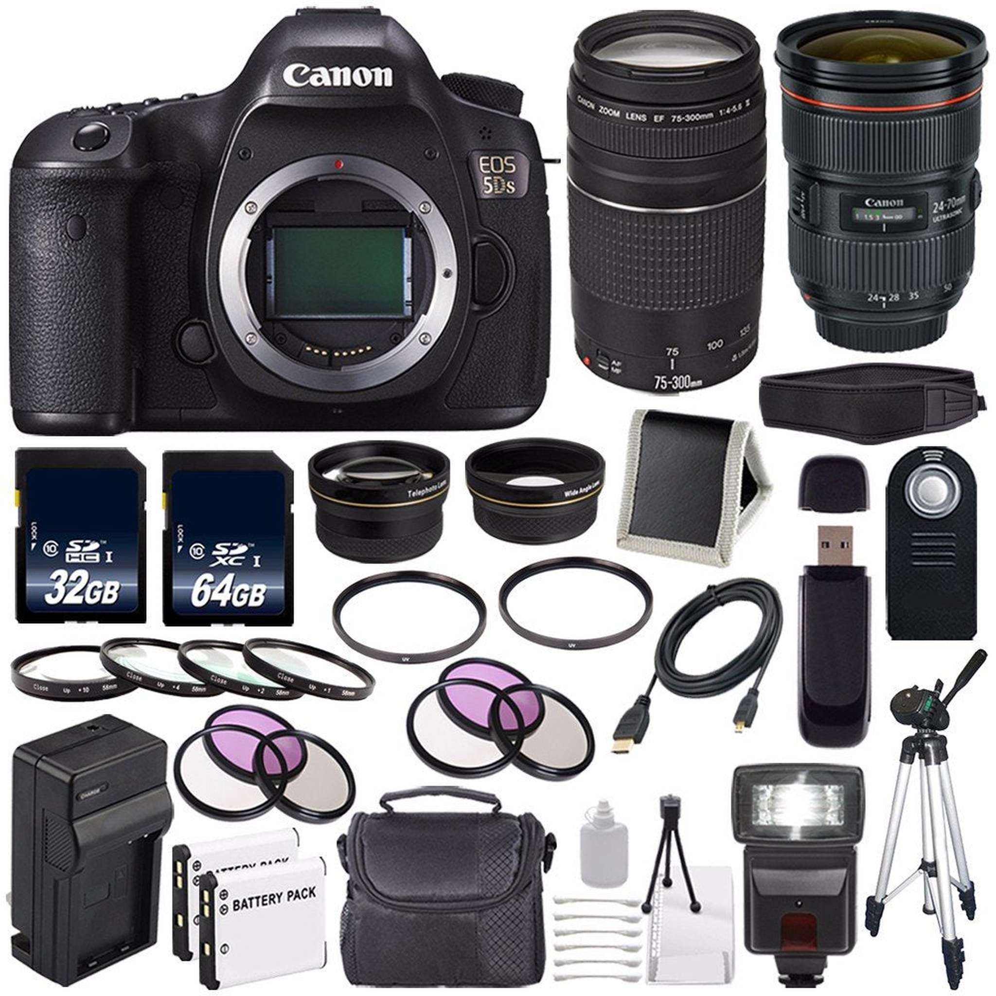 Canon EOS 5DS DSLR Camera International Model 0581C002 + Canon EF 24-70mm f/2.8L II USM Lens + Canon EF 75-300 III+ LP Canon