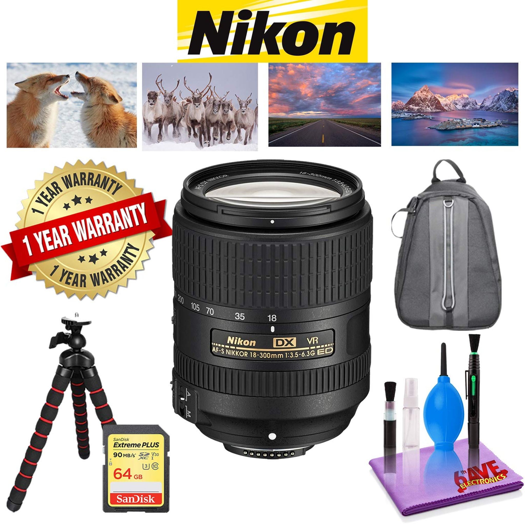 NIKON 18-300MM F/3.5-6.3G ED AF-S DX VR Lens with 1 Year Warranty, Sandisk 64 GB Memory Card, Deluxe Camera Backpack Bundle Nikon