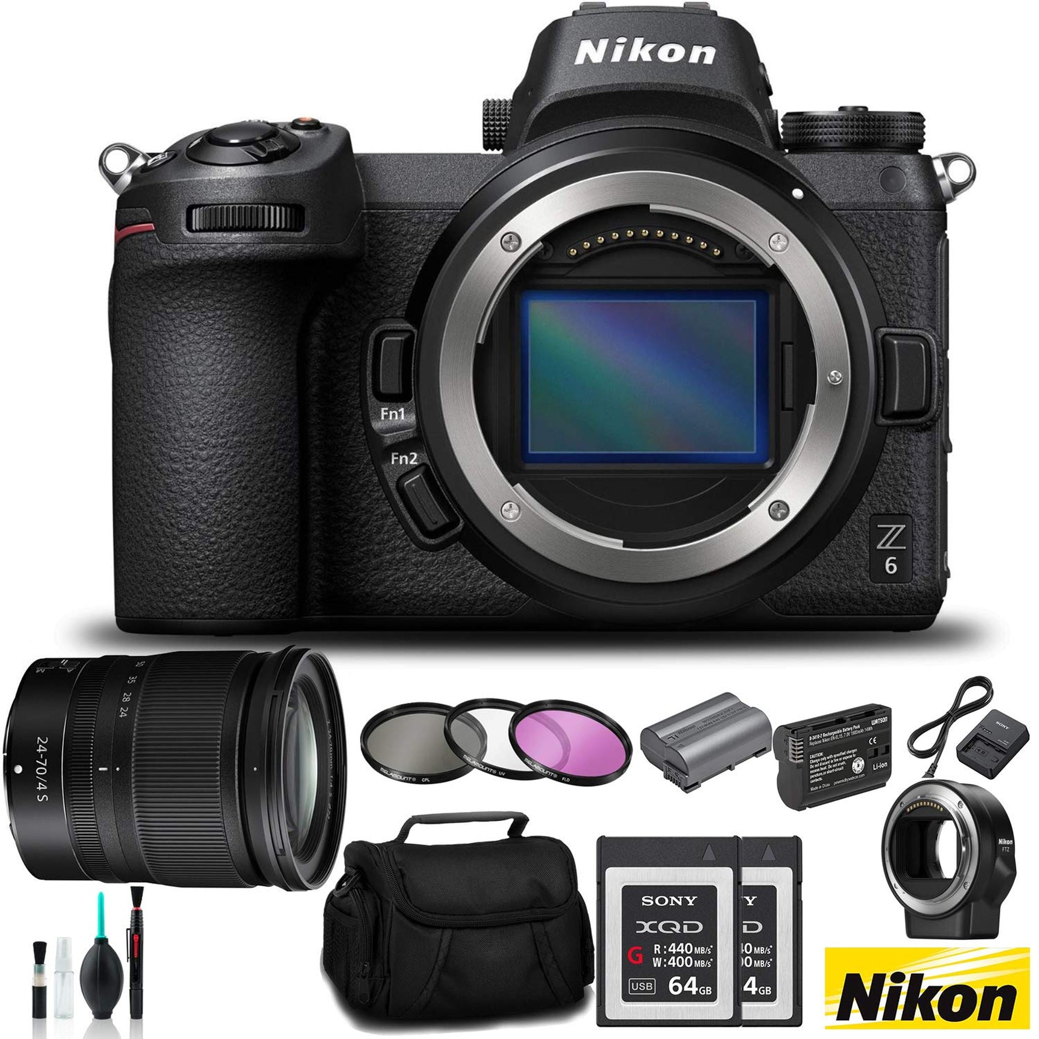 Nikon Z 6 Mirrorless FX-Format Digital Camera with 24-70mm Lens and FTZ Mount Adapter Kit - Bundle 2x 64GB Memory Card + Nikon