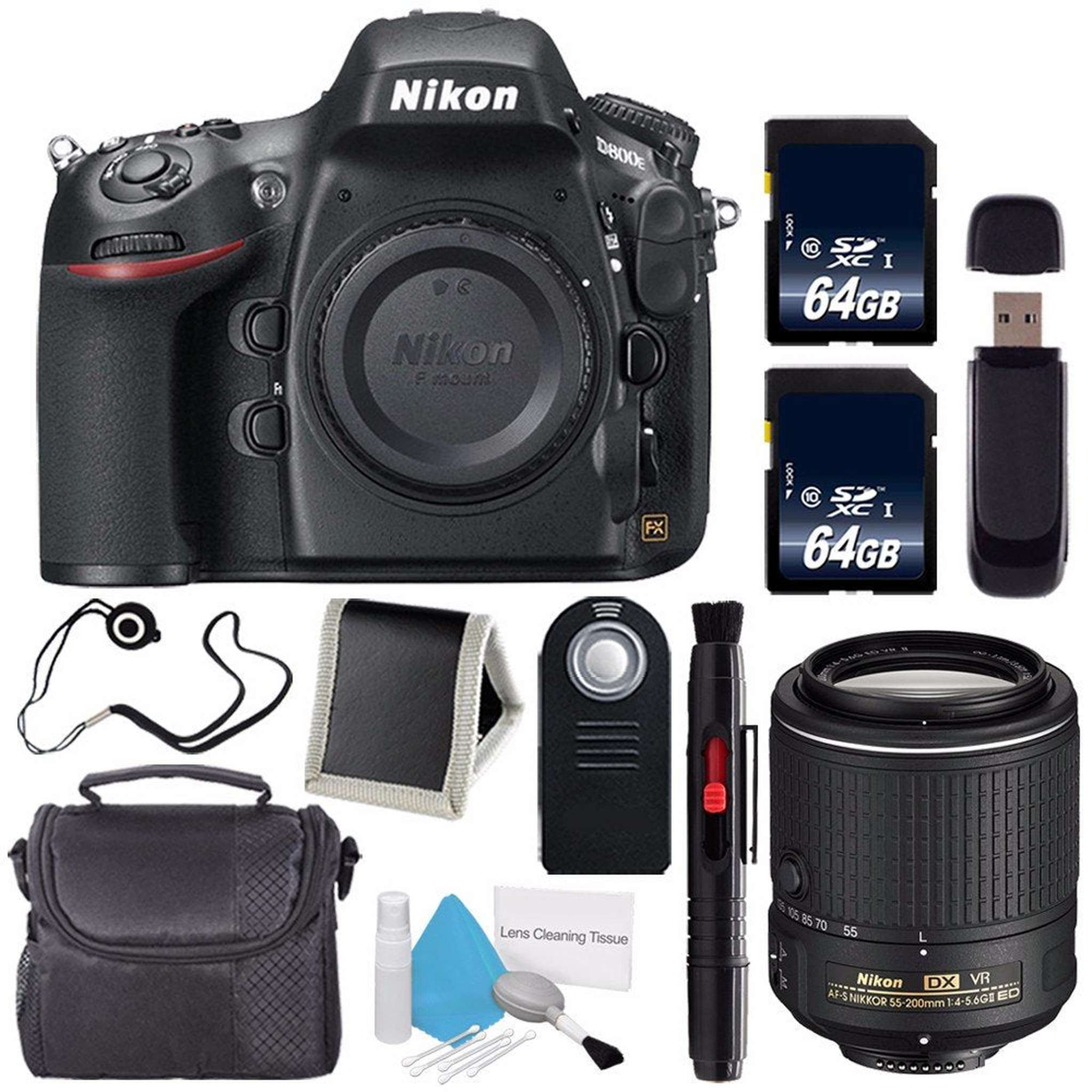 Nikon D800E Digital Camera Body Only International Model + Nikon AF-S DX NIKKOR 55-200mm f/4-5.6G ED VR II Lens + 64GB Memory Card Ultimate Bundle Nikon