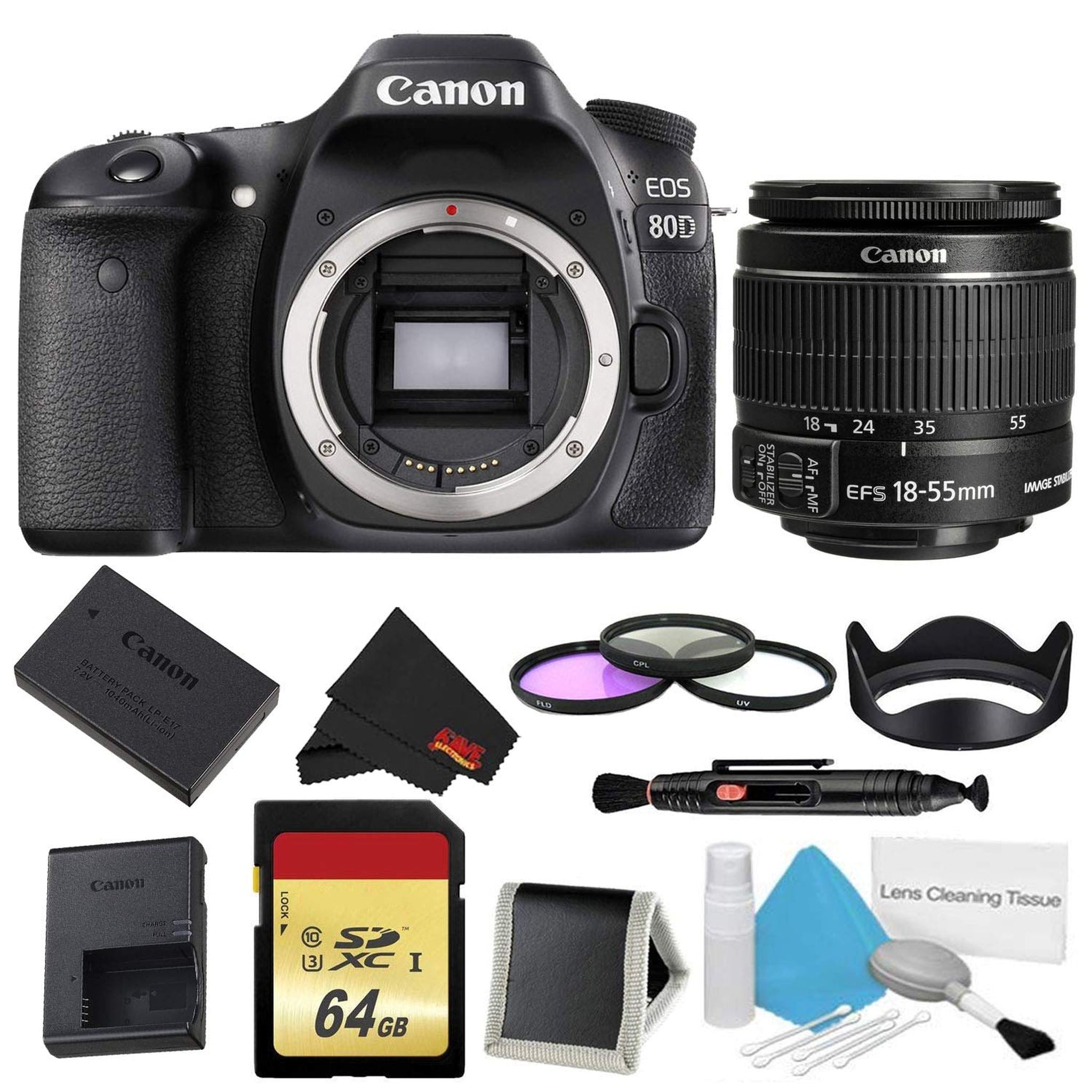 Canon EOS 80D DSLR Camera Body Only 3 Piece Filter w/Memory Bundle International Model Canon