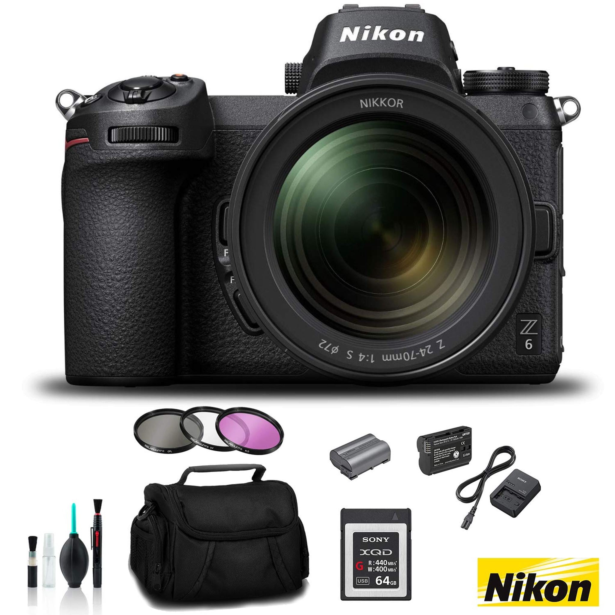 Nikon Z 6 Mirrorless FX-Format Digital Camera with 24-70mm Lens - Bundle 64GB Memory Card + EN-EL15 Li-on Battery + Exte Nikon