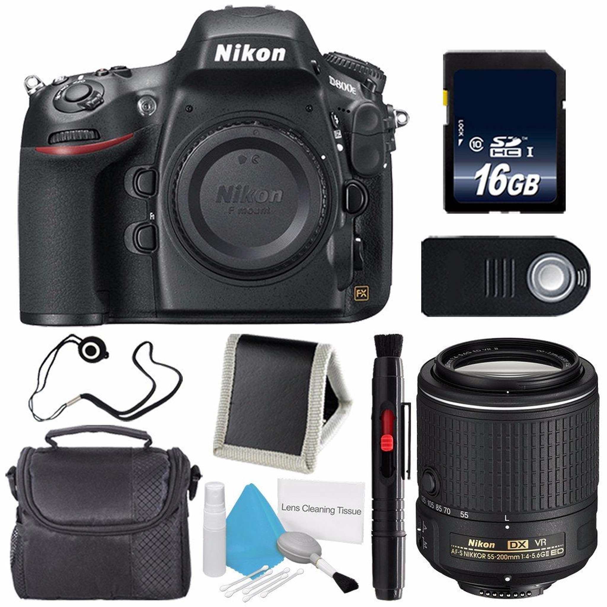 Nikon D800E Digital Camera Body Only International Model + Nikon AF-S DX NIKKOR 55-200mm f/4-5.6G ED VR II Lens + 16GB Memory Card Base Bundle Nikon