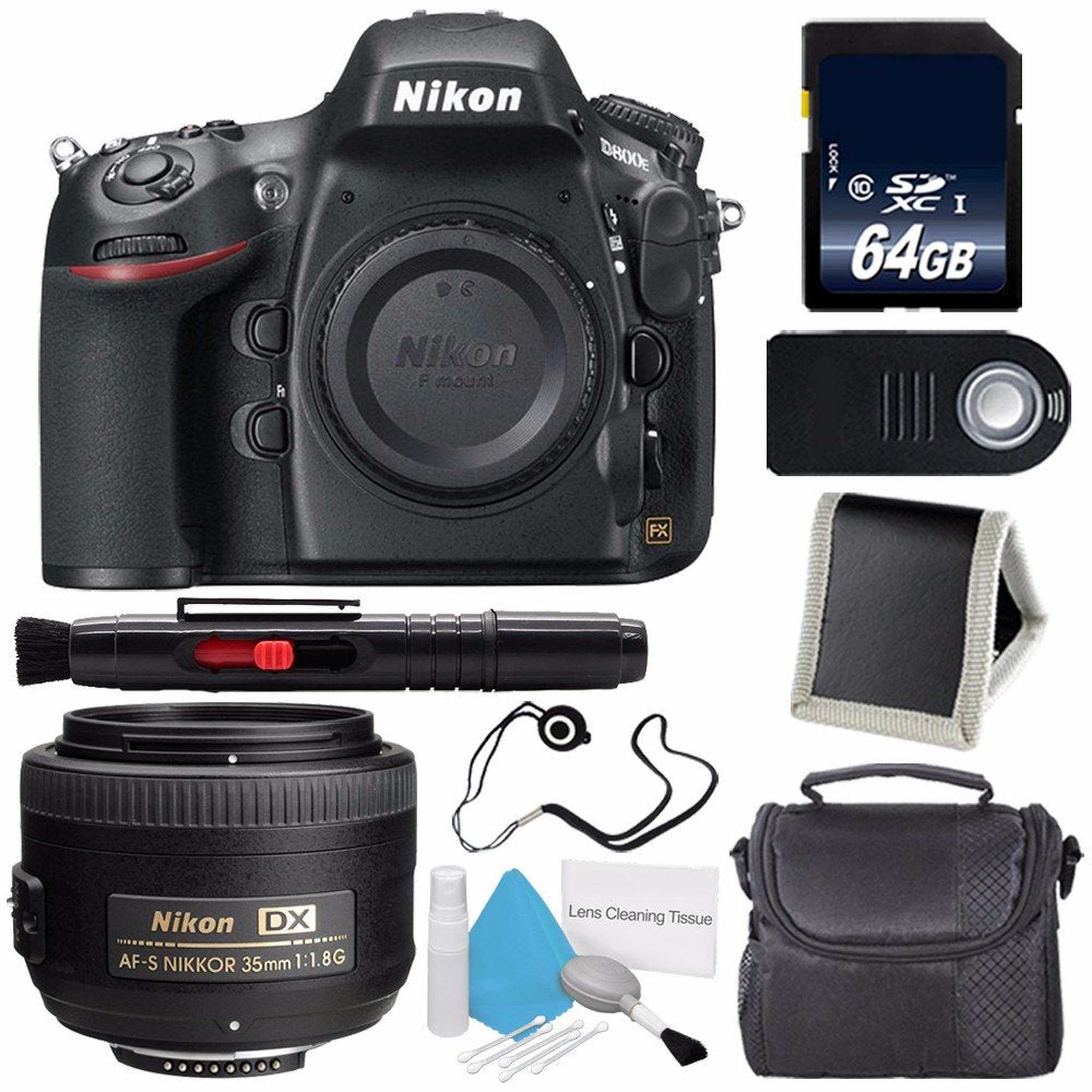 Nikon D800E Digital Camera Body Only International Model + Nikon AF-S DX NIKKOR 35mm f/1.8G Lens + 64GB Memory Card Storage Bundle Nikon