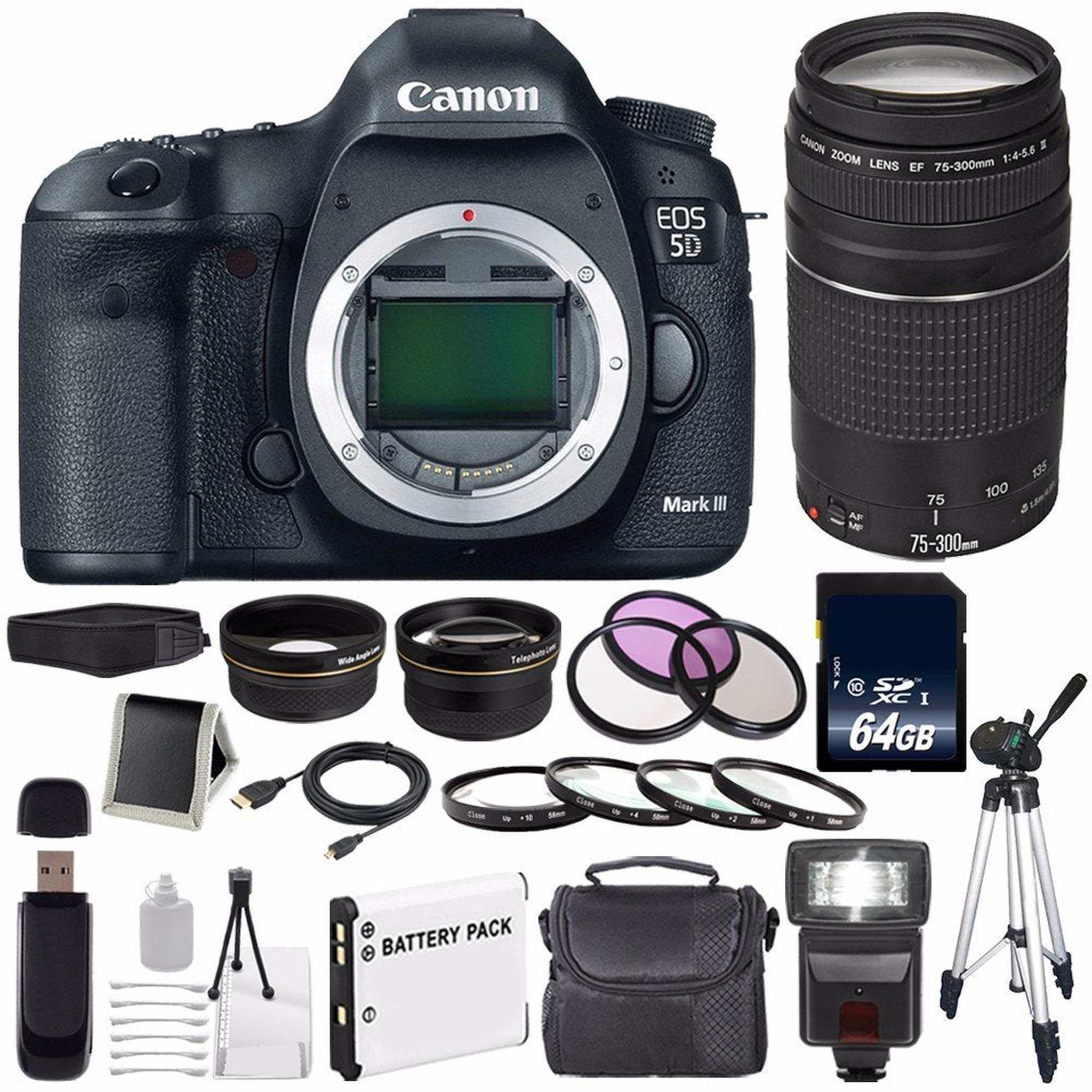 Canon EOD 5D III Digital Camera International Model + Canon EF 75-300 III+ LP-E6 Replacement Battery + 64GB SDXC Card + Canon