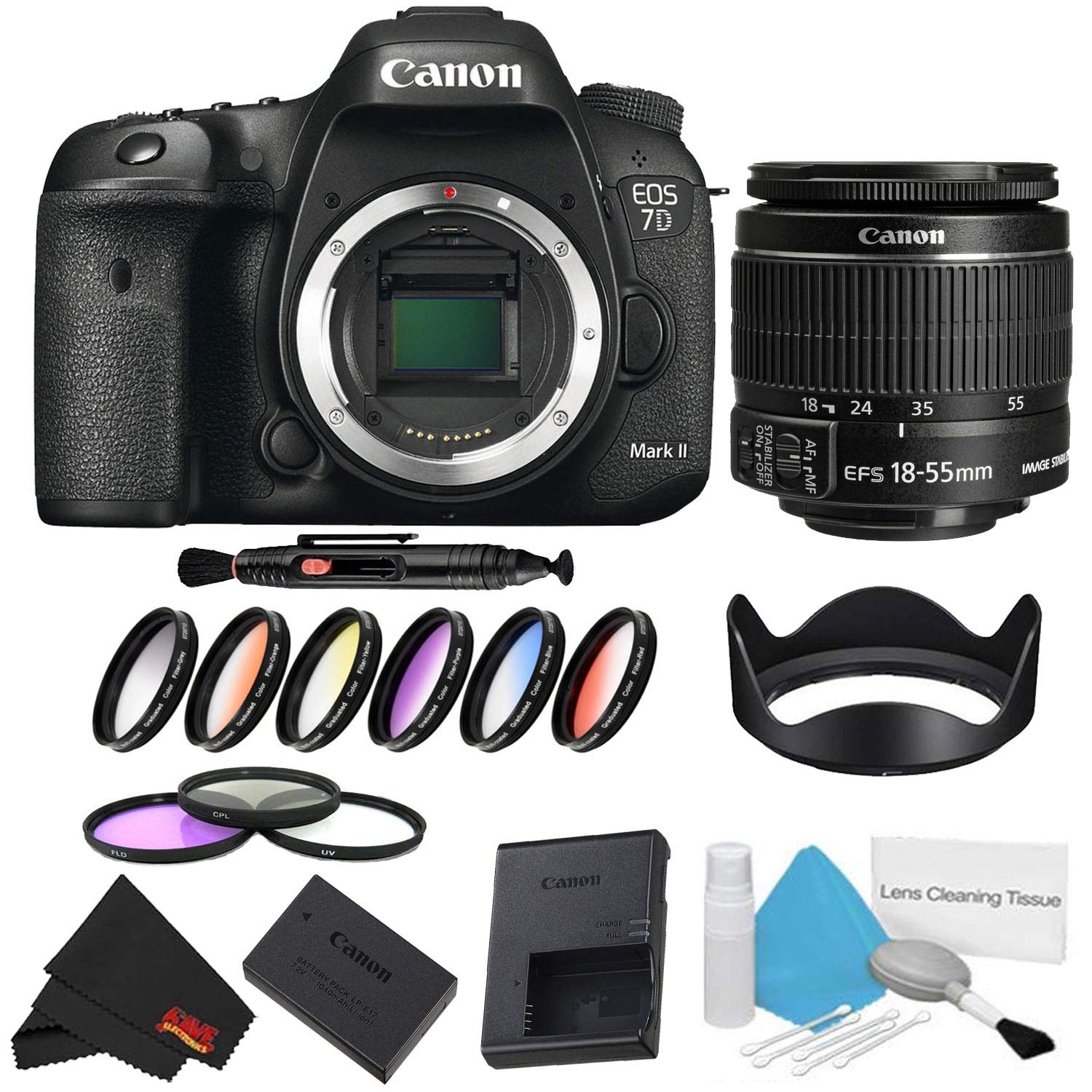 Canon EOS 7D Mark II DSLR Camera Body Only 9 Piece Filter Bundle w/ 18-55mm Lens International Model Canon