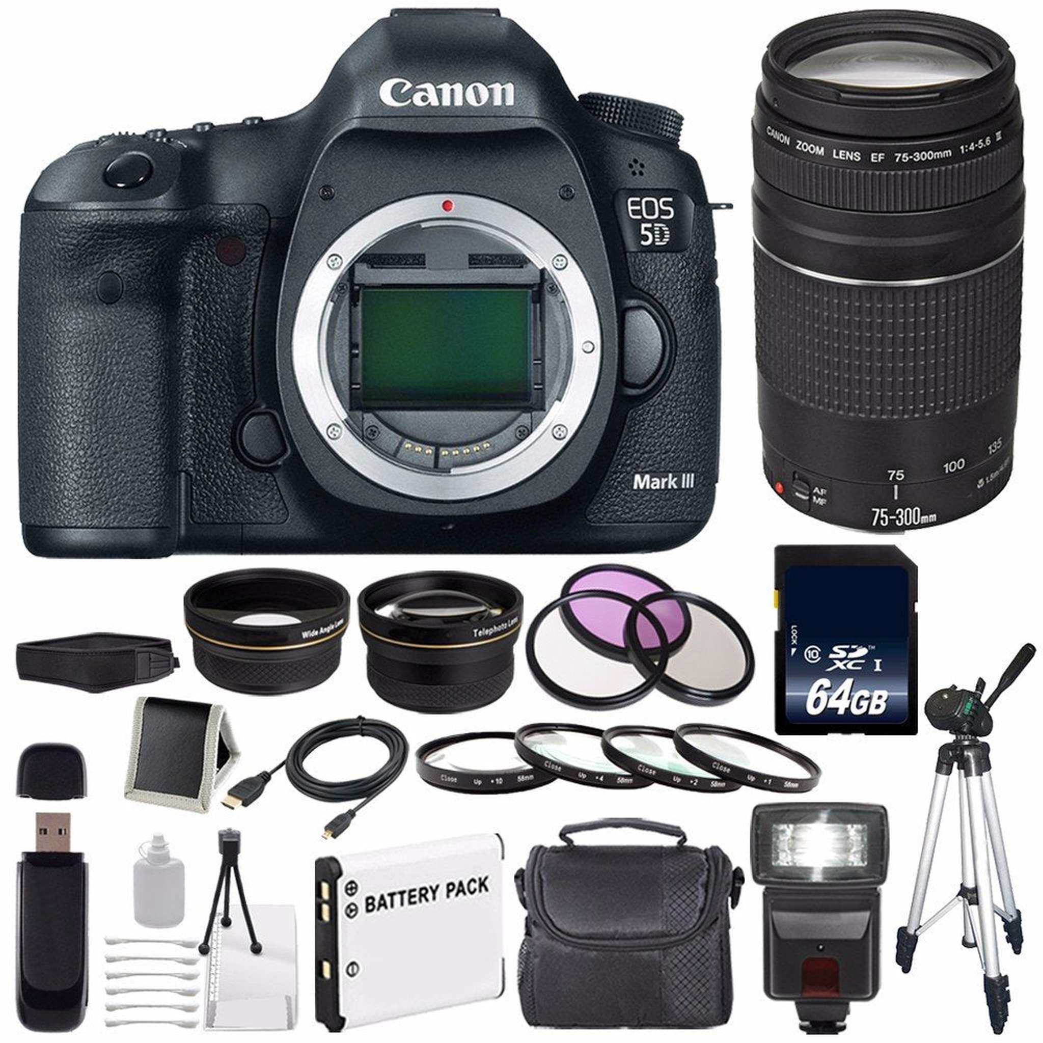 Canon EOD 5D III Digital Camera International Model + Canon EF 75-300 III+ LP-E6 Replacement Battery + 64GB SDXC Card + Canon