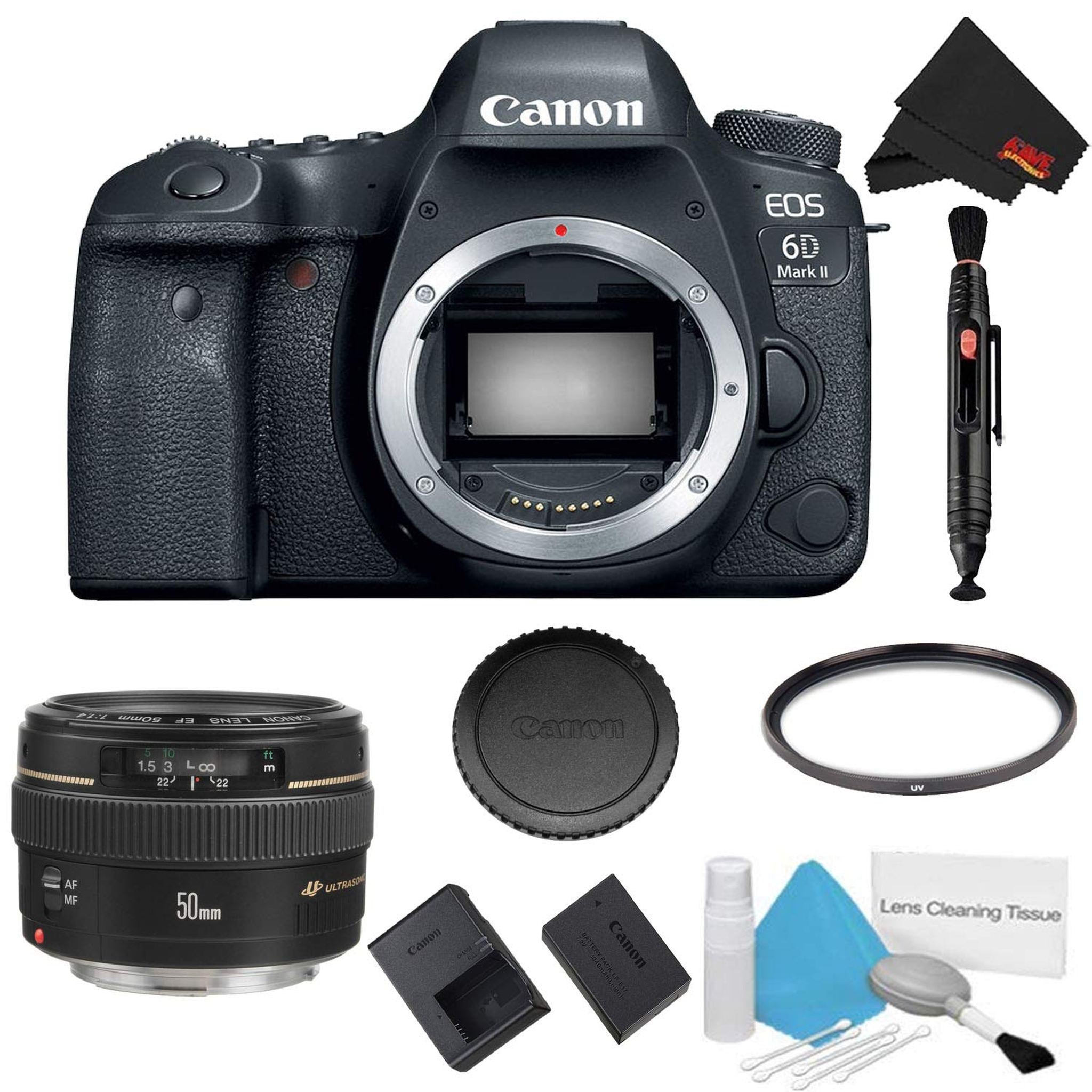 Canon EOS 6D Mark II DSLR Camera Body Only Basic Filter Bundle + Canon EF 50mm f/1.4 USM Lens - International Model Canon