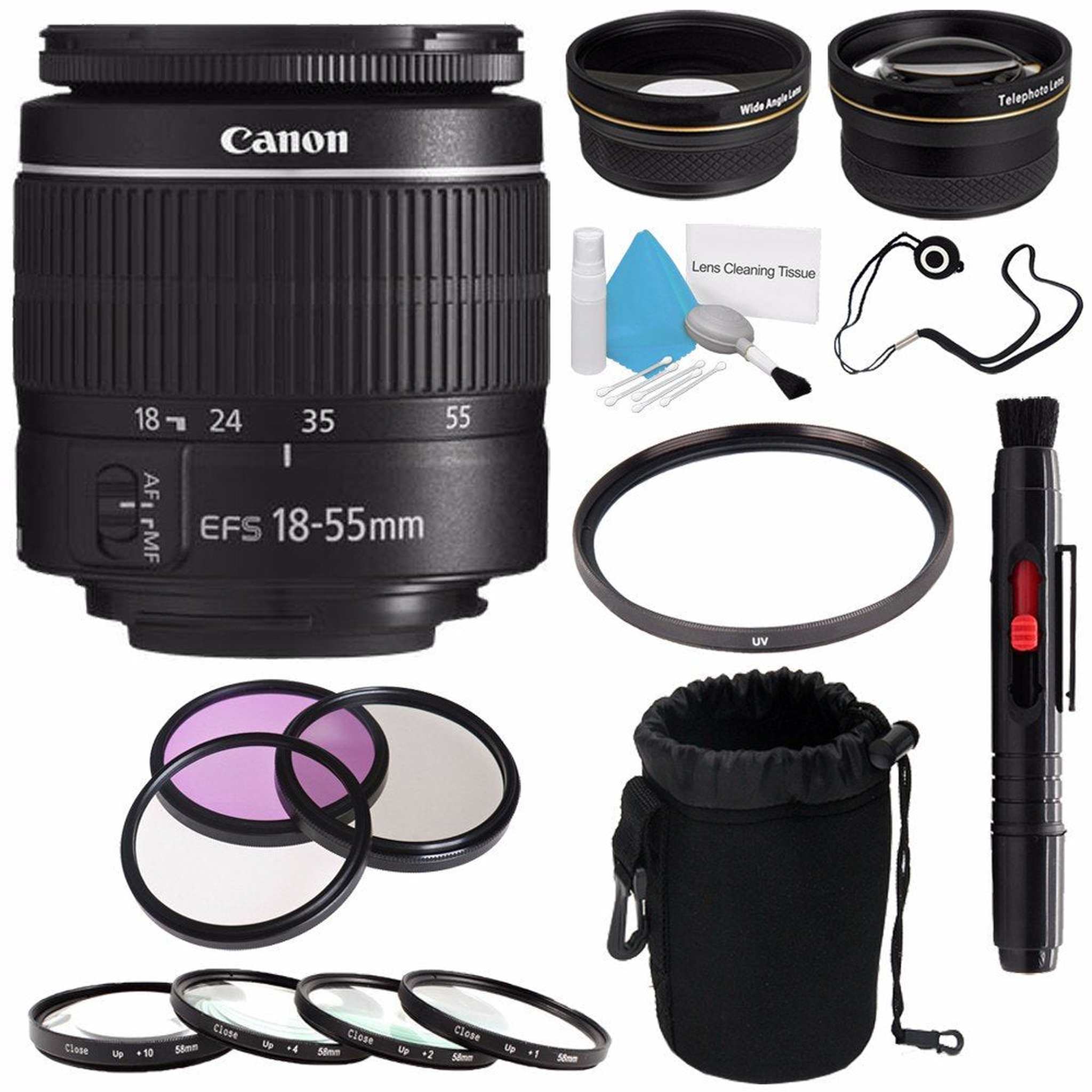 Canon EF-S 18-55mm f/3.5-5.6 III Lens International Model + 58mm Wide Angle Lenses + 58mm Macro Close Up Kit + 58mm UV Advanced Bundle Canon