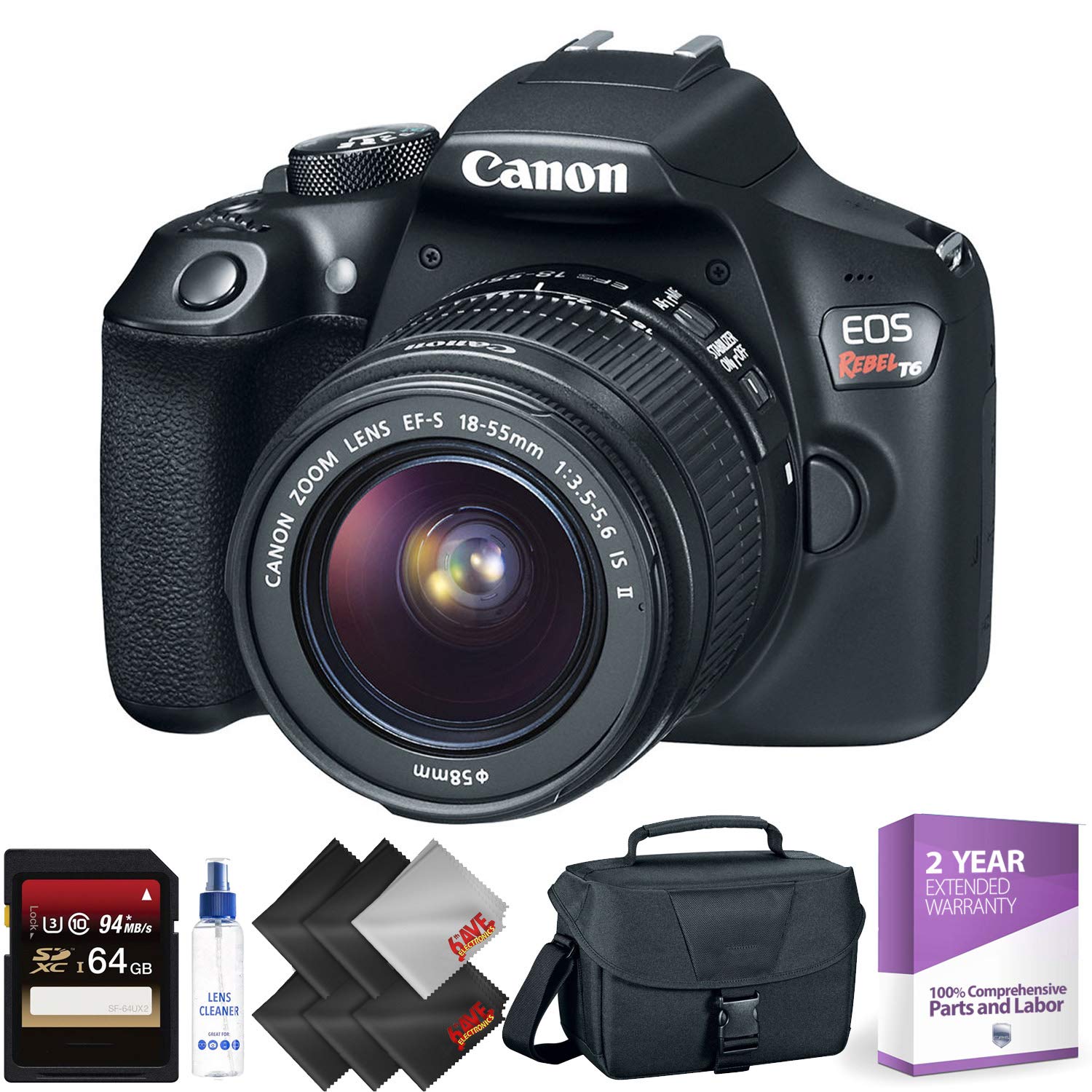 Canon EOS Rebel T6 DSLR Camera with 18-55mm Lens + 64GB Memory Card + 2 Year Accidental Warranty Bundle Canon