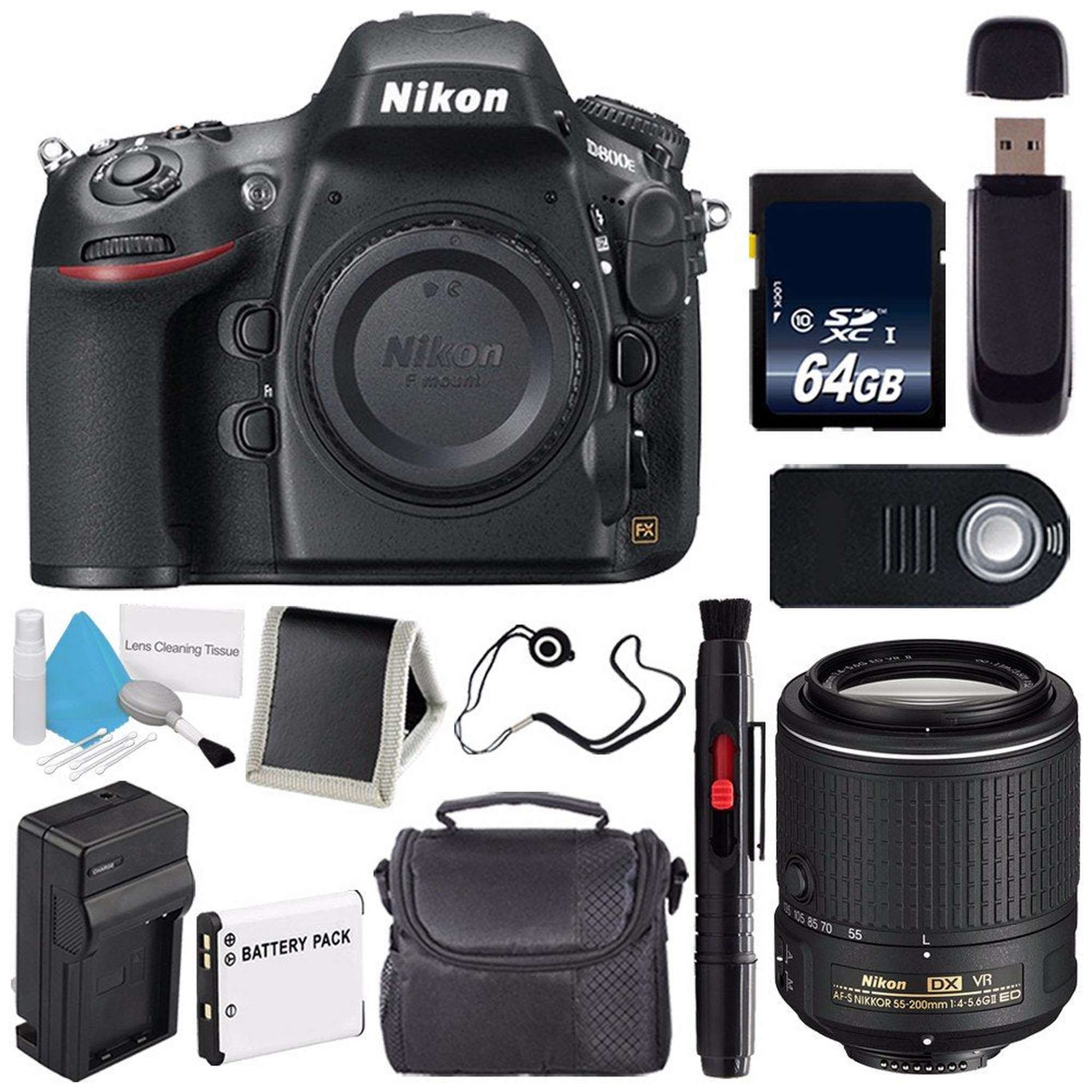 Nikon D800E Digital Camera Body Only International Model + Nikon AF-S DX NIKKOR 55-200mm f/4-5.6G ED VR II Lens + 64GB Memory Card Pro Bundle Nikon