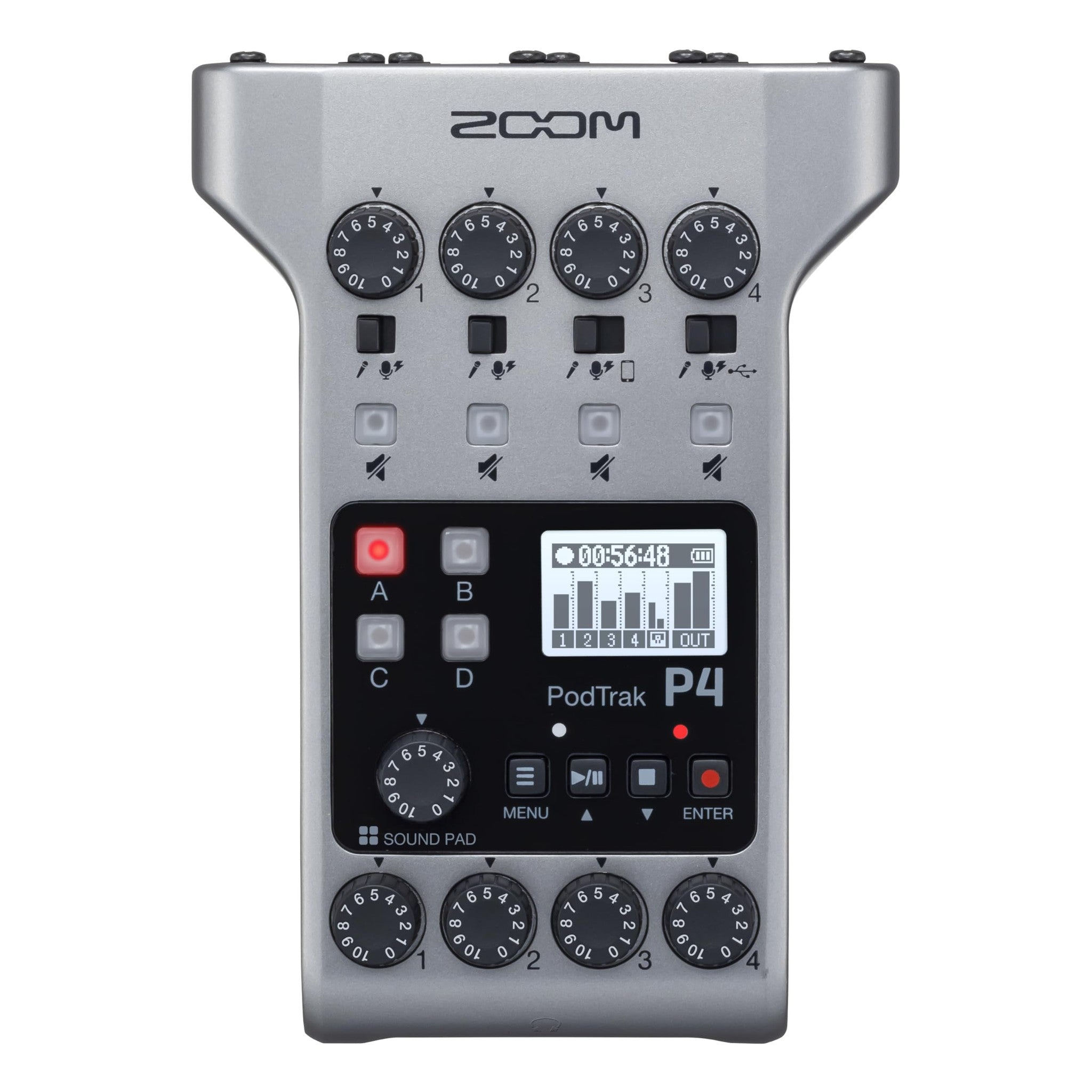 Zoom PodTrak P4 Podcast Recorder, Battery Powered, 4 Microphone Inputs, 4 Headphone Outputs, Phone and USB Input for Remote Interviews, Sound Pads, 2-In/2-Out Audio Interface Zoom