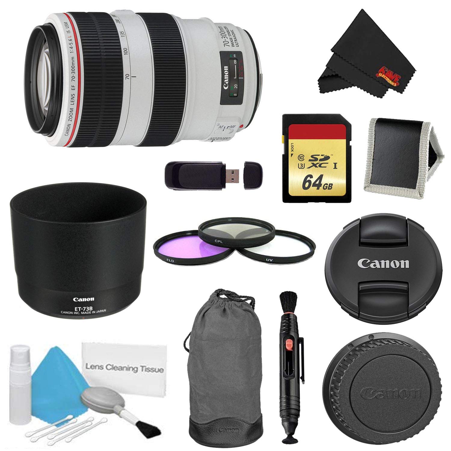 Canon EF 70-300mm f/4-5.6L is USM Lens Bundle w/ 64GB Memory Card + Accessories 3 Piece Filter Kit International Model Canon