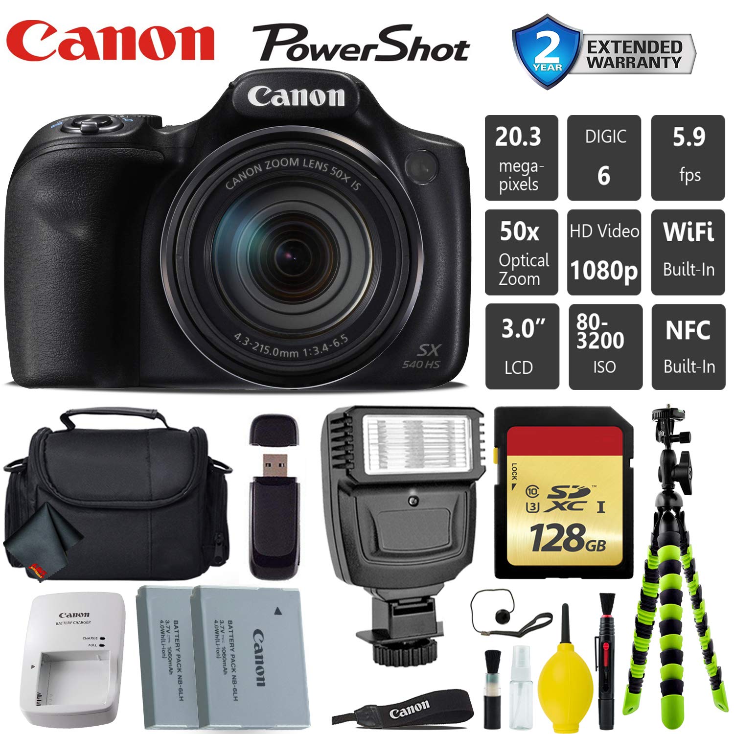 Canon PowerShot SX540 HS Digital Point and Shoot Camera + Extra Battery + Digital Flash + Camera Case + 128GB Class 10 Card Deluxe Bundle Canon