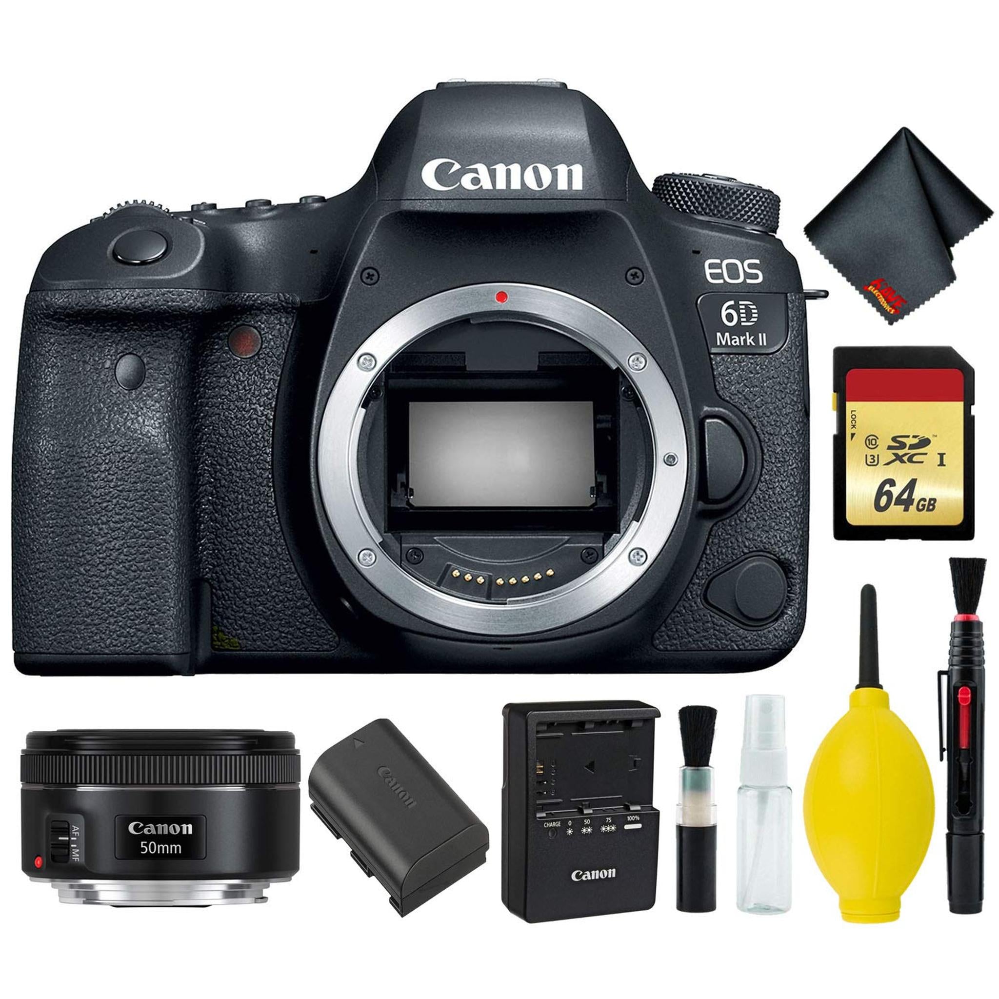 Canon EOS 6D Mark II DSLR Camera Body Only Memory Kit International Model w/Canon EF 50mm f/1.8 STM Lens - Internation Canon