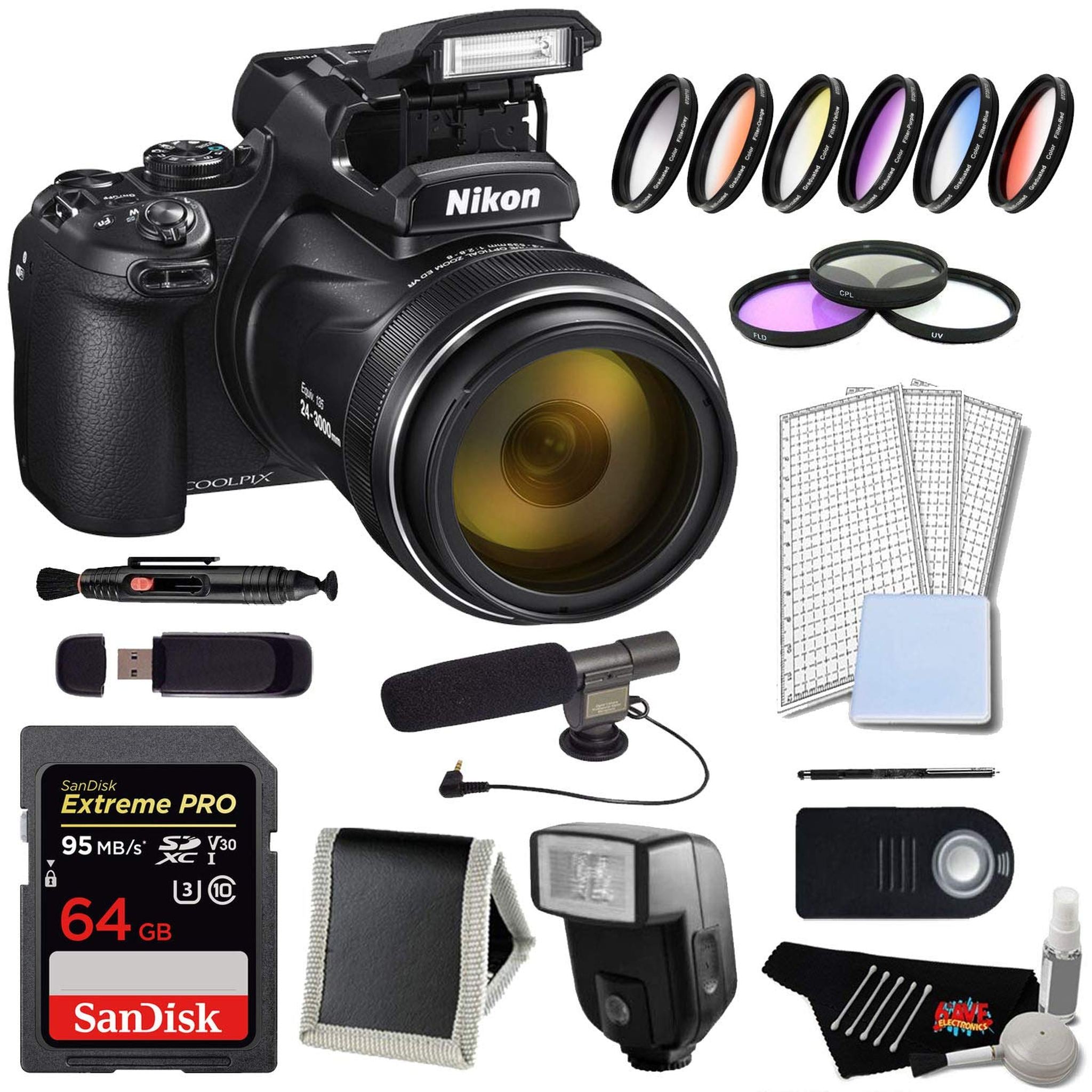 Nikon Coolpix P1000 Digital Camera Pro Bundle w/ 64GB Memory Card and Digital Slave Flash International Model Nikon