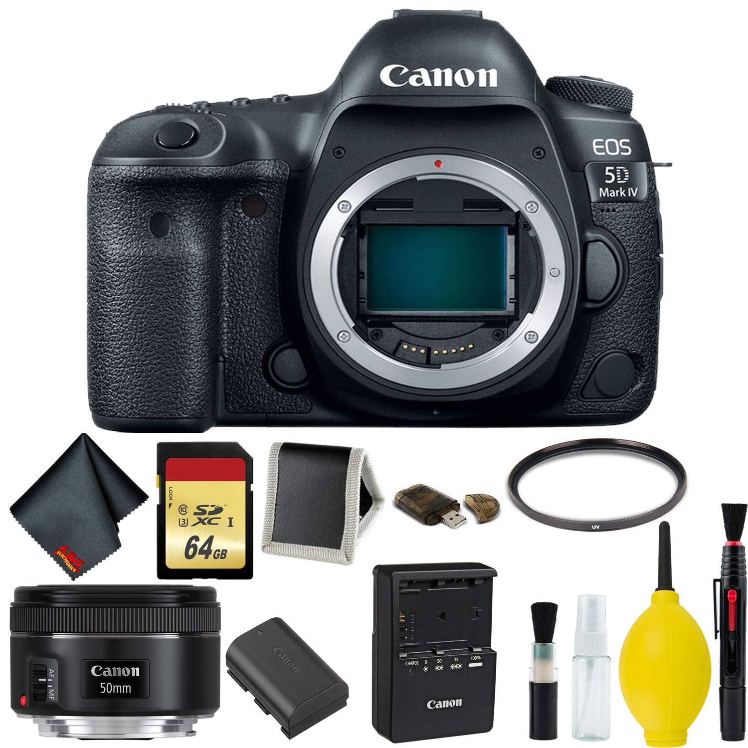 Canon EOS 5D Mark IV DSLR Camera Body Only Memory Kit International Model w/Canon EF 50mm f/1.8 STM Lens - Internation Canon