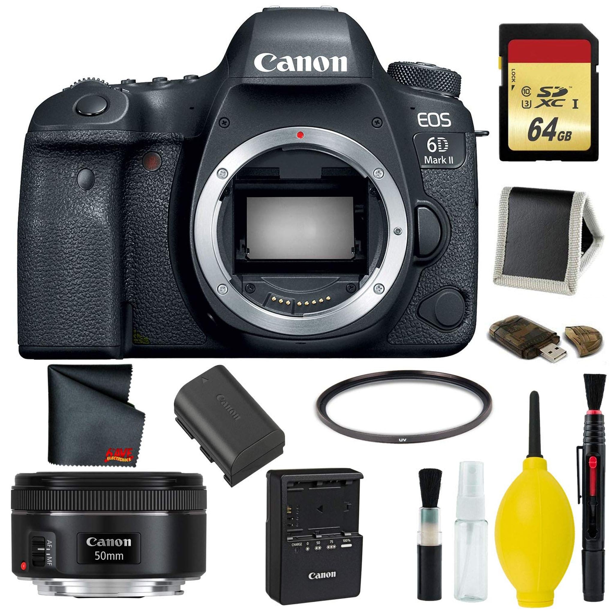 Canon EOS 6D Mark II DSLR Camera Body Only Complete Kit International Model w/Canon EF 50mm f/1.8 STM Lens - Internati Canon