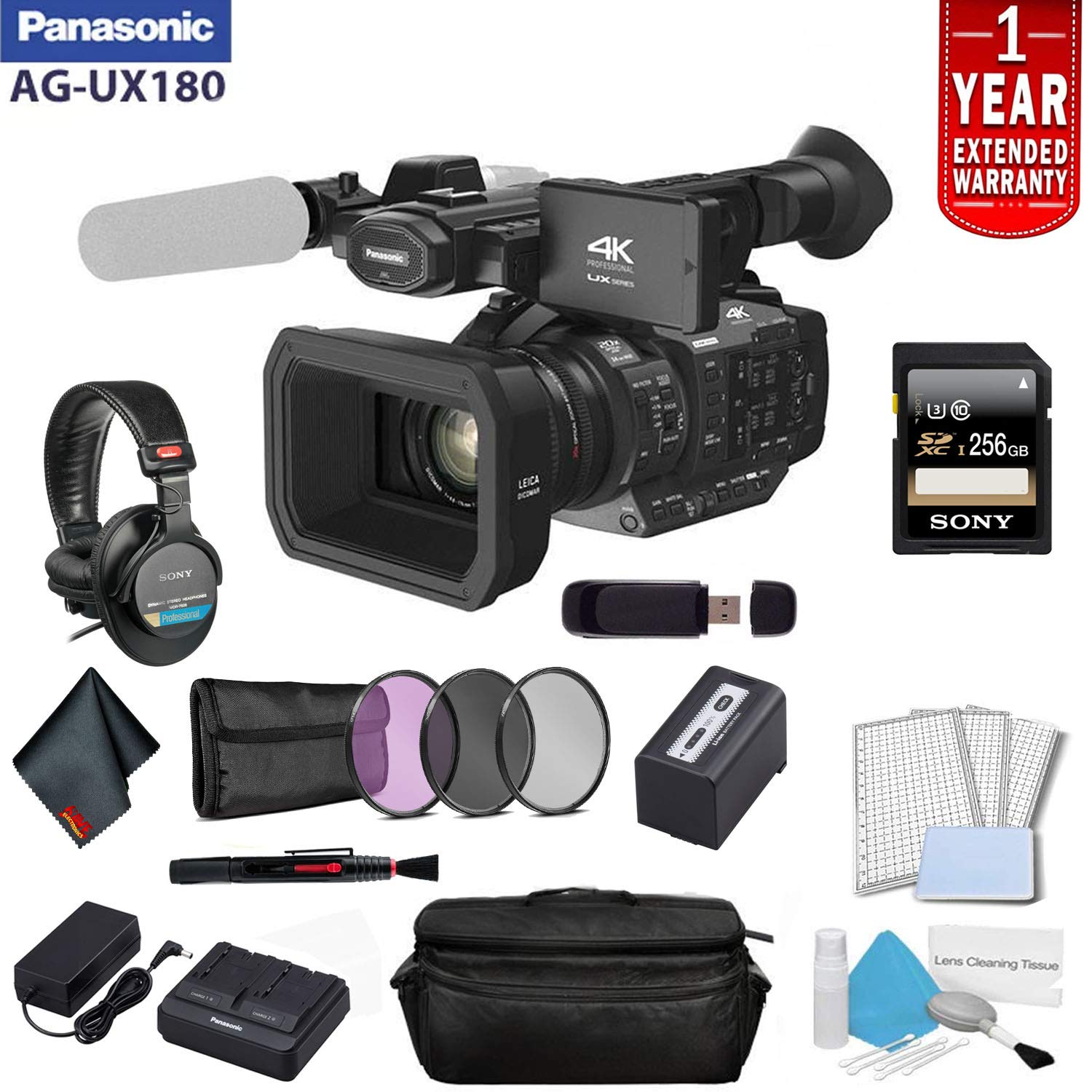 Panasonic AG-UX180 4K Premium Professional Camcorder Bundle with 1 Year Extended Warranty, Sony MDR-7506 Headphones + So Panasonic