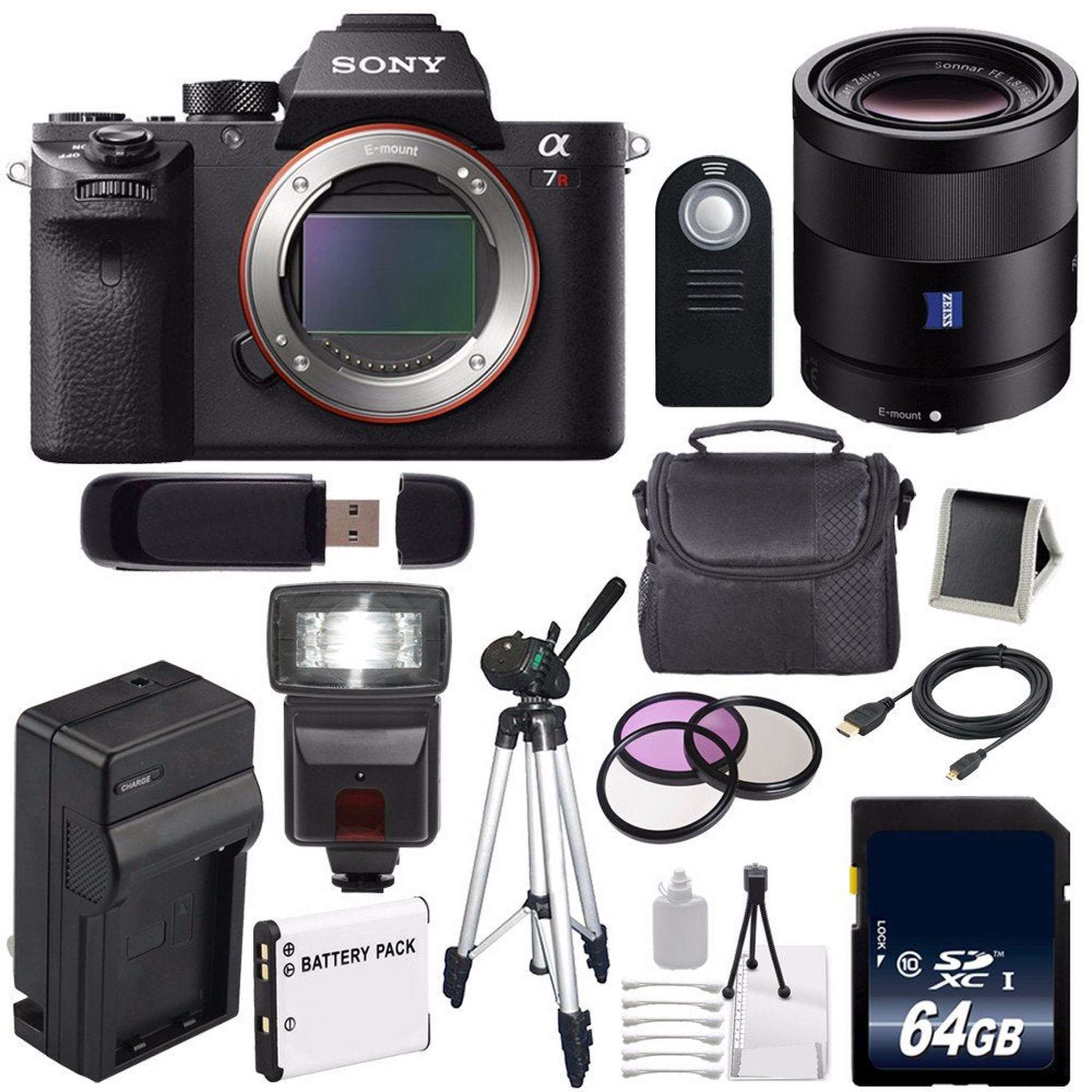 Sony Alpha a7R II Mirrorless Digital Camera International Model + Sony Sonnar T FE 55mm f/1.8 ZA Lens + 49mm Filters Pro Bundle Sony