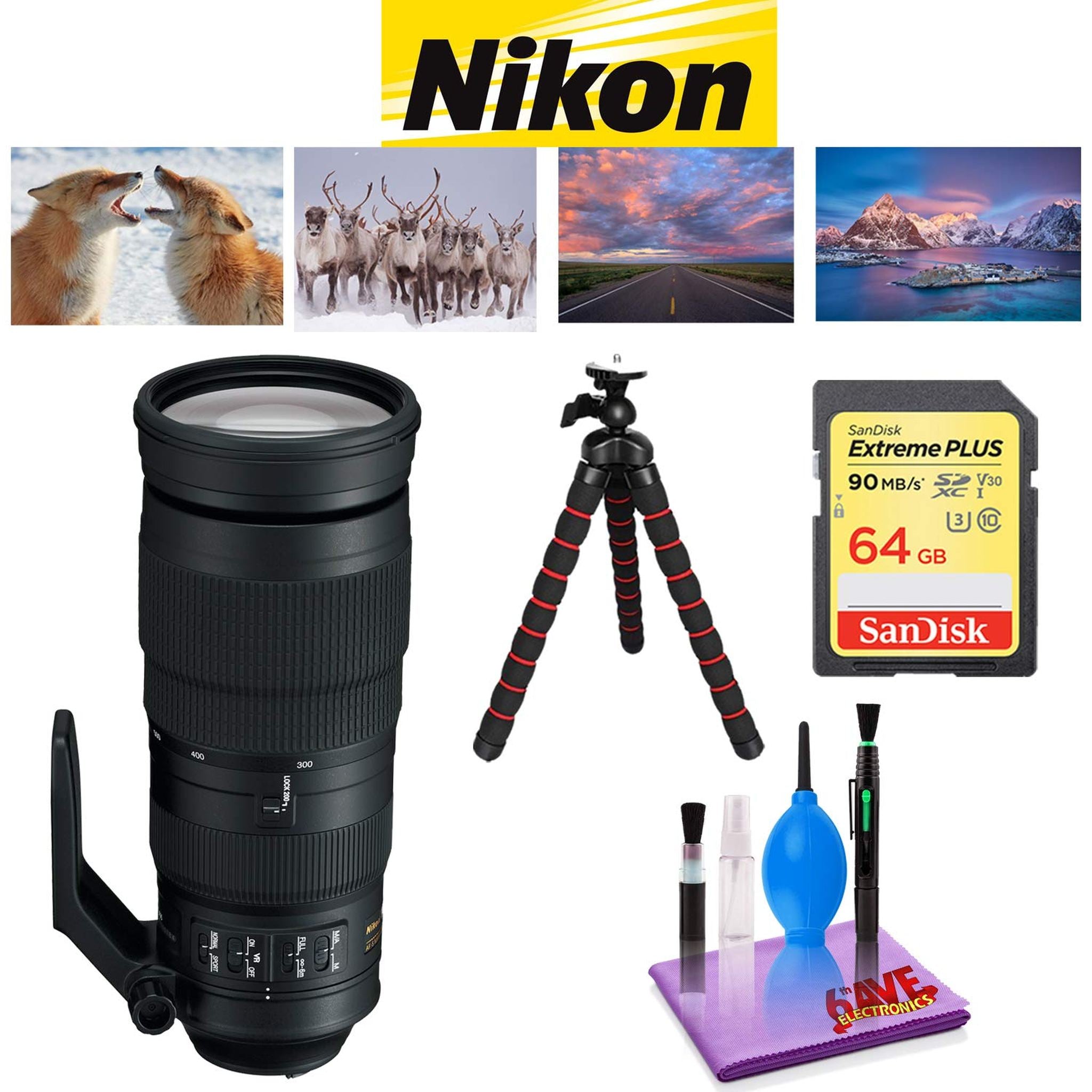 Nikon AF-S NIKKOR 200-500mm f/5.6E ED VR Lens with Sandisk 64 GB Memory Card, Deluxe Backpack for Camera + Video and 12 Nikon