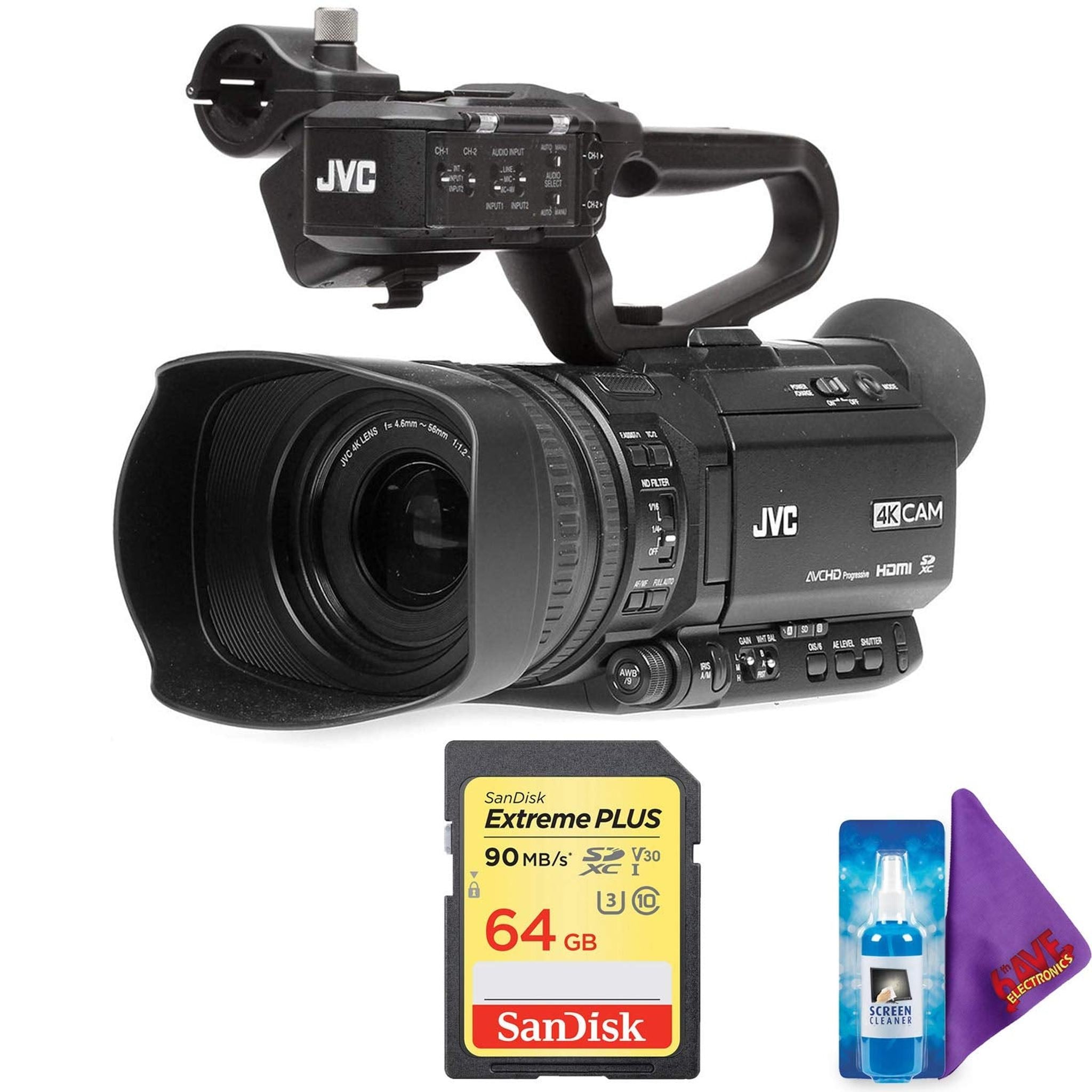 JVC GY-HM250 UHD 4K Streaming Camcorder with Built-in Lower-Thirds Graphics + Pro Memory Card JVC