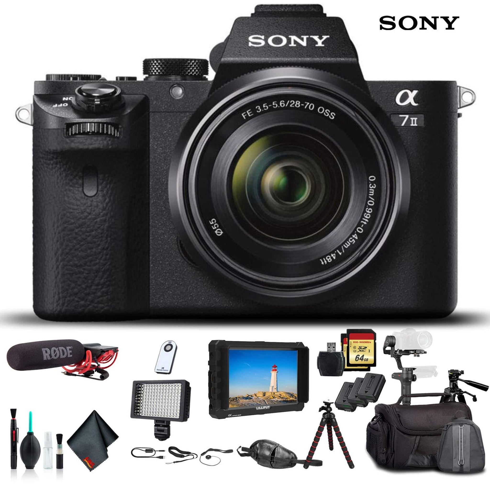 Sony Alpha a7 II Mirrorless Camera W/ FE 28-70mm f/3.5-5.6 OSS Lens W/ Soft Bag, Zhiyun-Tech WEEBILL Stabilizer, 2x Extra Batteries, Rode Mic, Light, 2x 64GB Memory Cards, External Monitor and More Sony