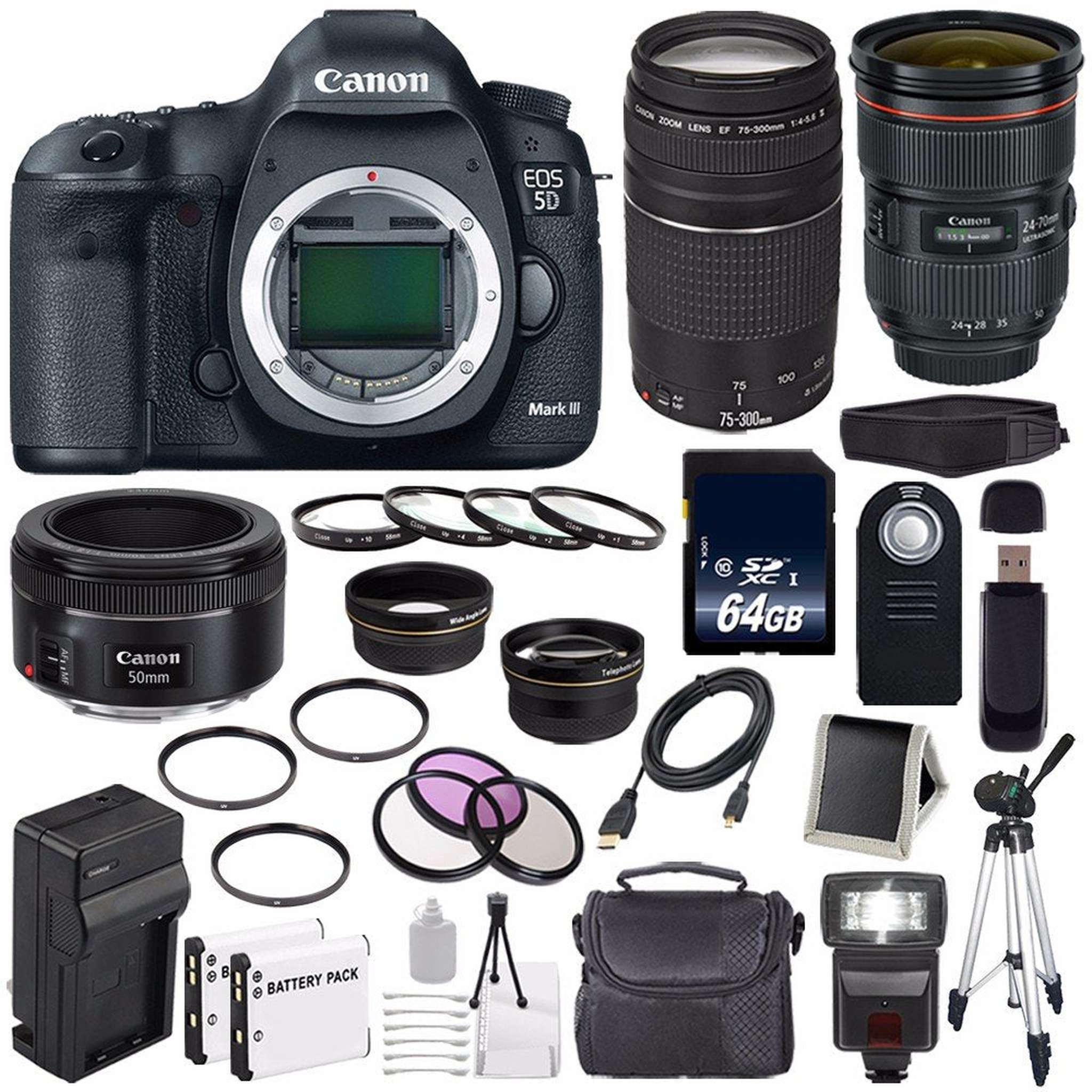 Canon EOD 5D III Digital Camera International Model + Canon EF 24-70mm f/2.8L II USM Lens + Canon EF 75-300 III+ EF 50mm Ultimate Bundle Canon