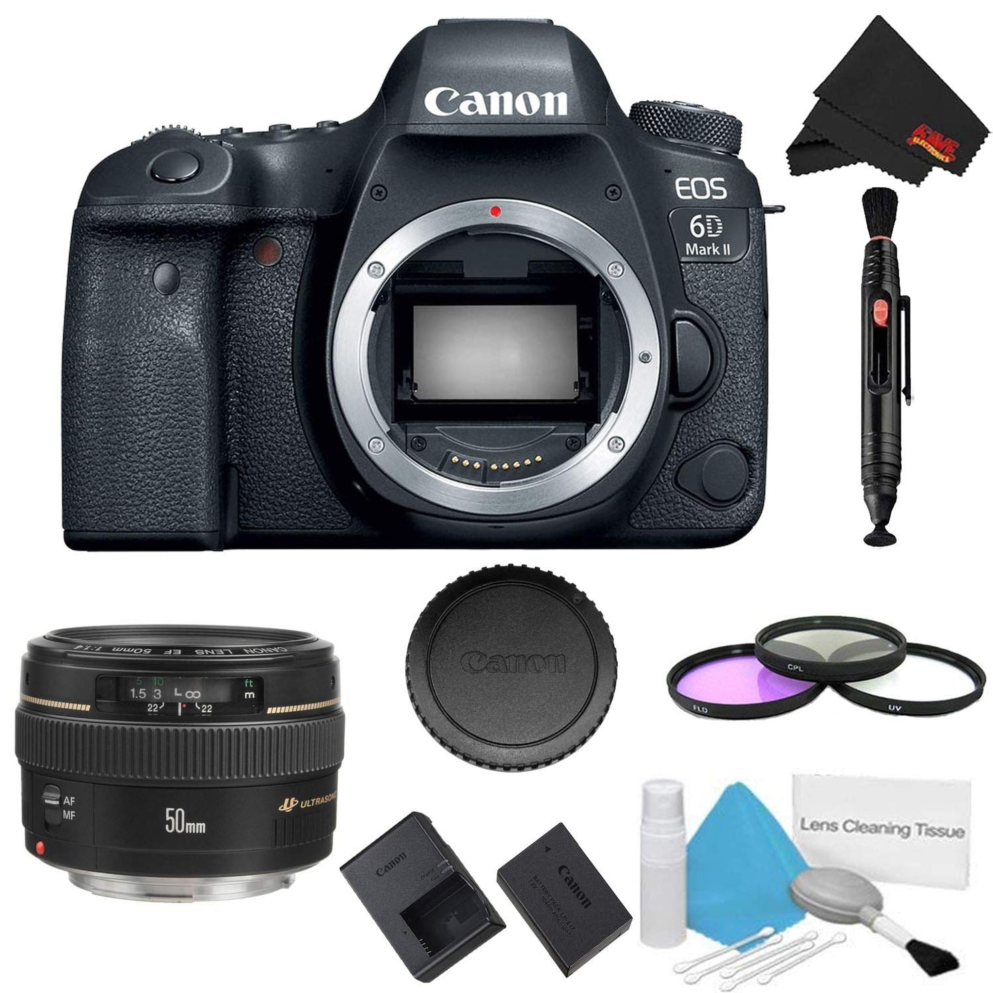 Canon EOS 6D Mark II DSLR Camera Body Only 3 Piece Filter Bundle + Canon EF 50mm f/1.4 USM Lens - International Model Canon