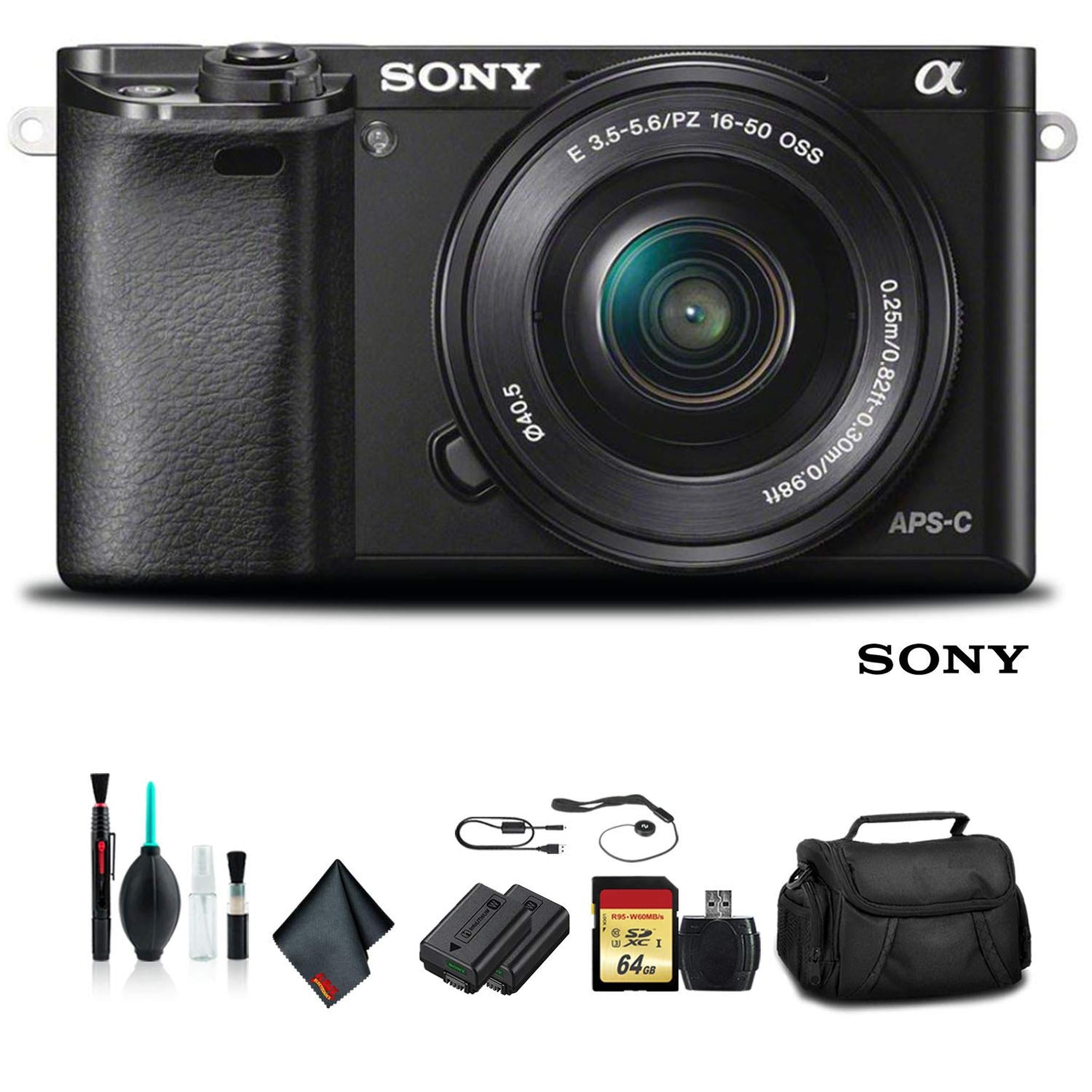 Sony Alpha a6000 Mirrorless Camera with 16-50mm Lens Black With Soft Bag, Tripod, Additional Battery, 64GB Memory Card, Card Reader , Plus Essential Accessories Sony