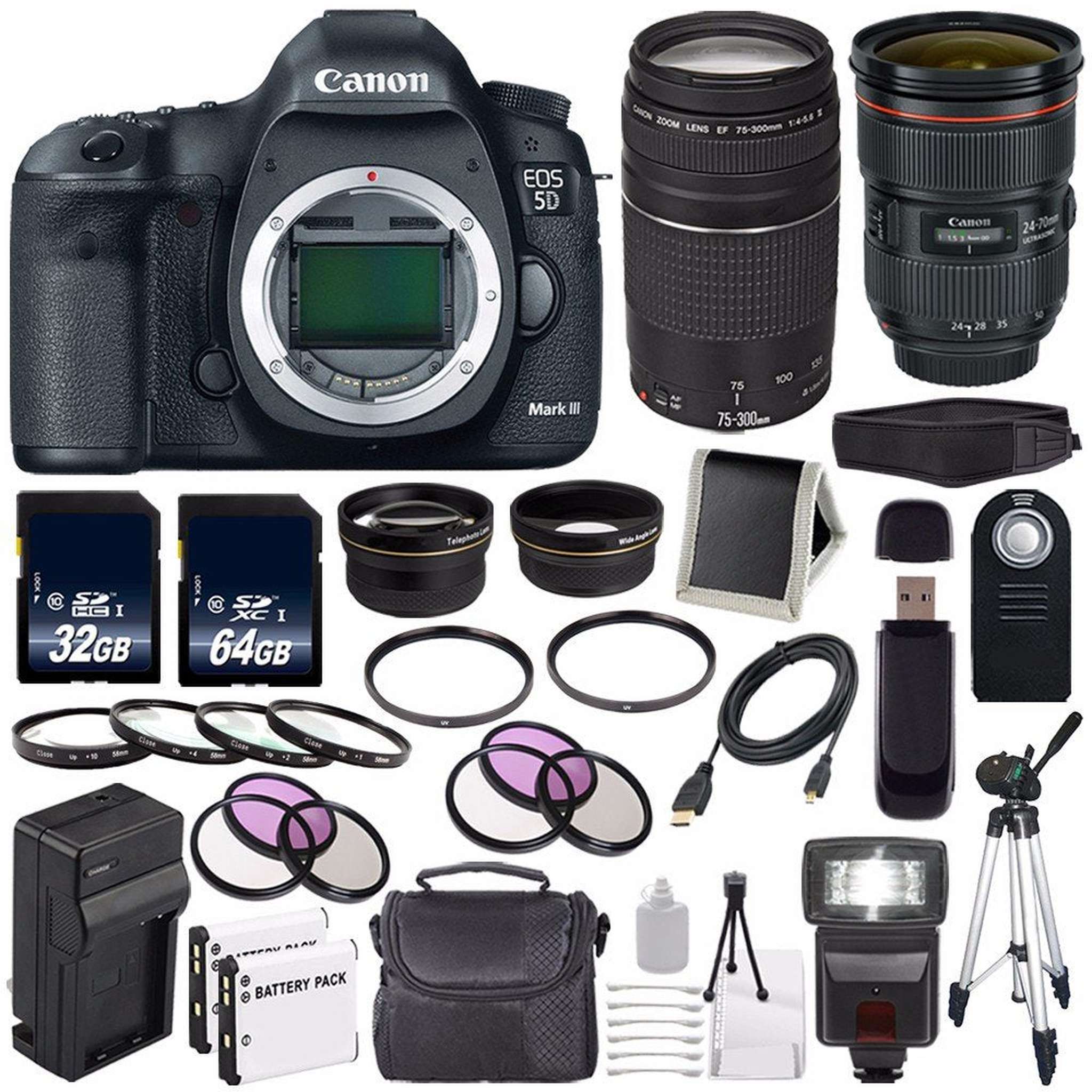 Canon EOD 5D III Digital Camera International Model + Canon EF 24-70mm f/2.8L II USM Lens + Canon EF 75-300 III+ LP-E6 R Ultimate Bundle Canon