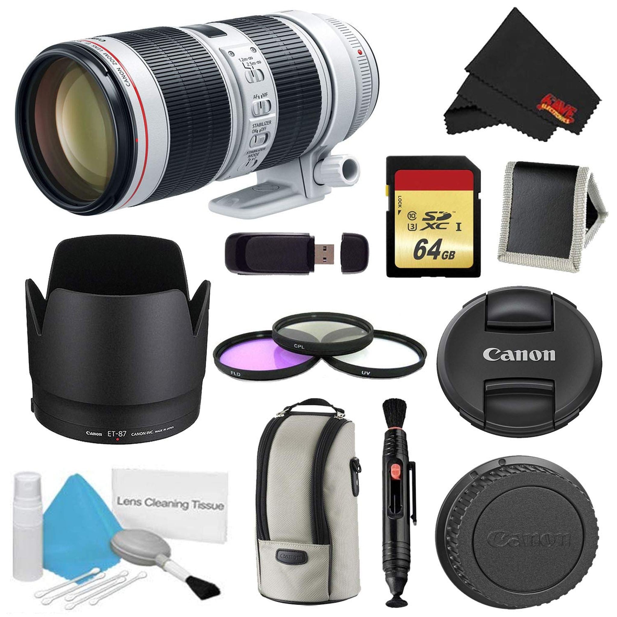 Canon EF 70-200mm f/2.8L is III USM Lens Bundle w/ 64GB Memory Card + Accessories, and 3 Piece Filter Kit International Canon