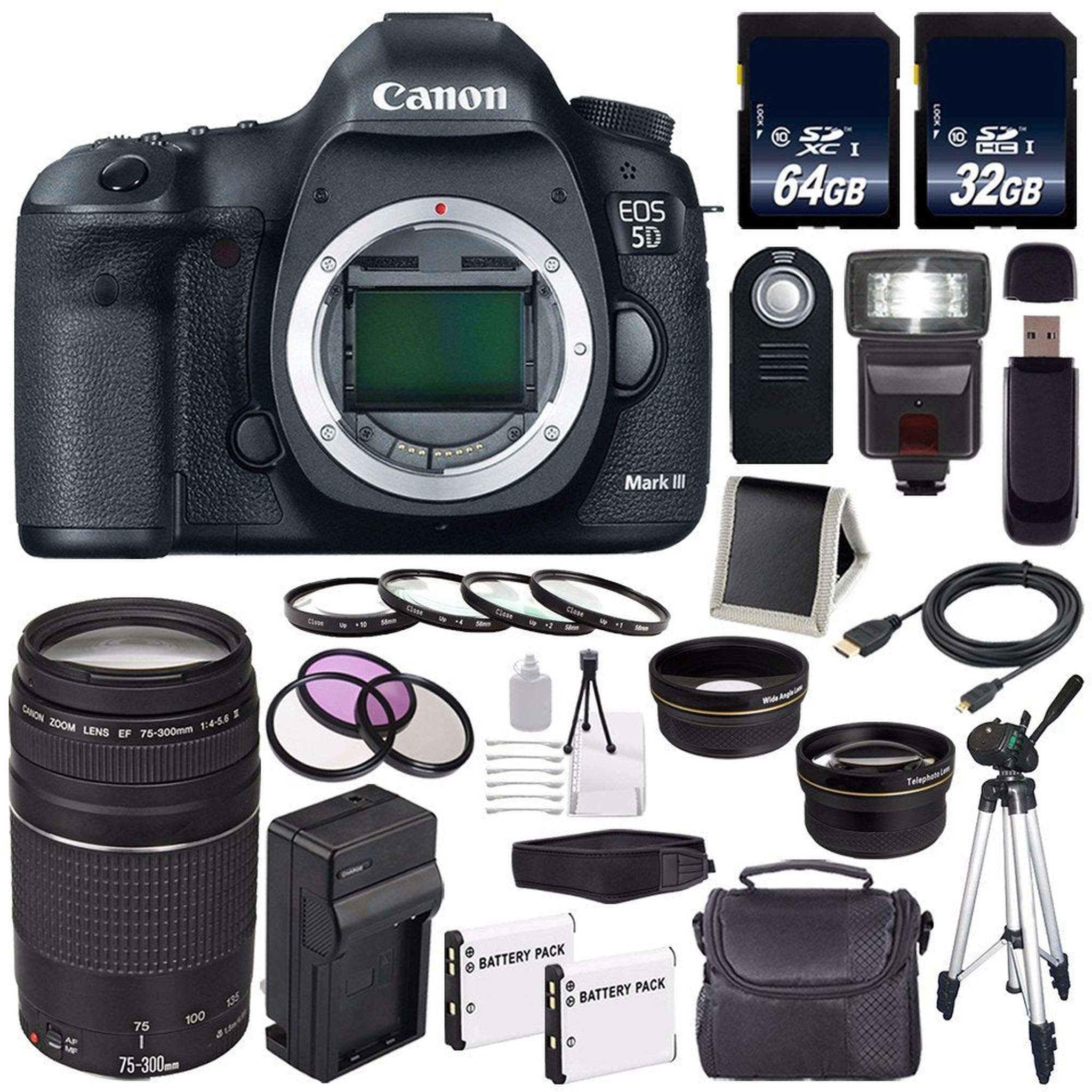 Canon EOD 5D III Digital Camera International Model + Canon EF 75-300 III+ LP-E6 Replacement Battery + Charger + 64GB SD Ultimate Bundle Canon