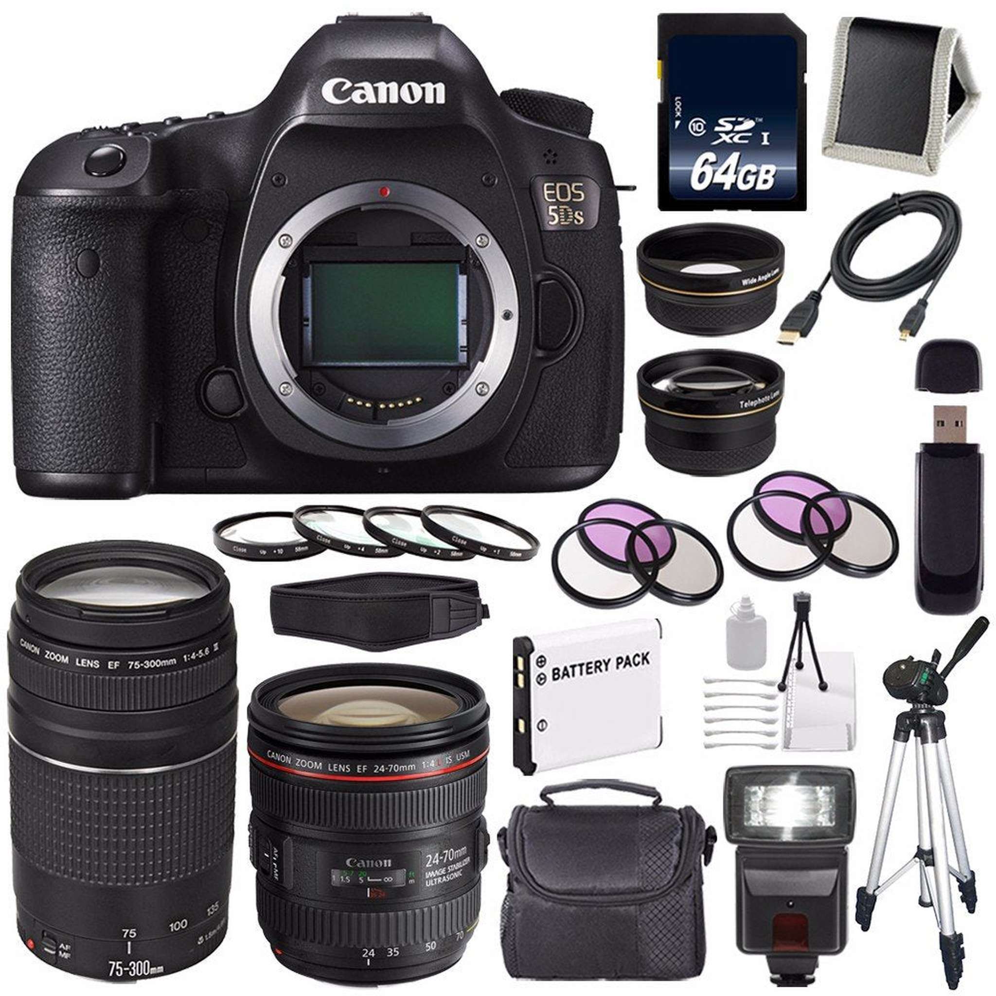 Canon EOS 5DS DSLR Camera International Model 0581C002 + Canon EF 24-70mm f/4L is USM Lens + Canon EF 75-300 III Pro Bundle Canon