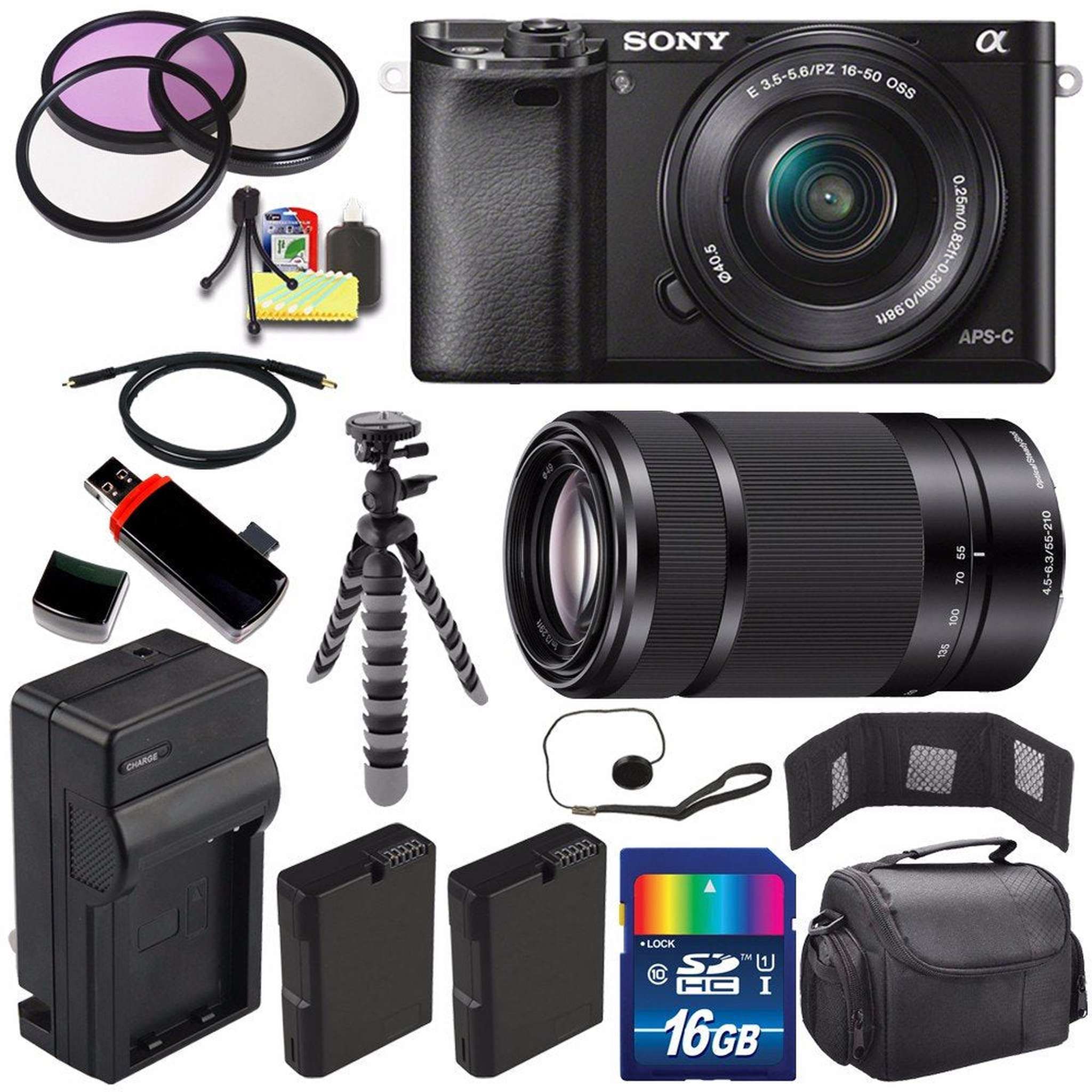 Sony Alpha a6000 Mirrorless Digital Camera with 16-50mm Lens Black + Sony E 55-210mm f/4.5-6.3 OSS E-Mount Lens 16GB Ultimate Bundle Sony