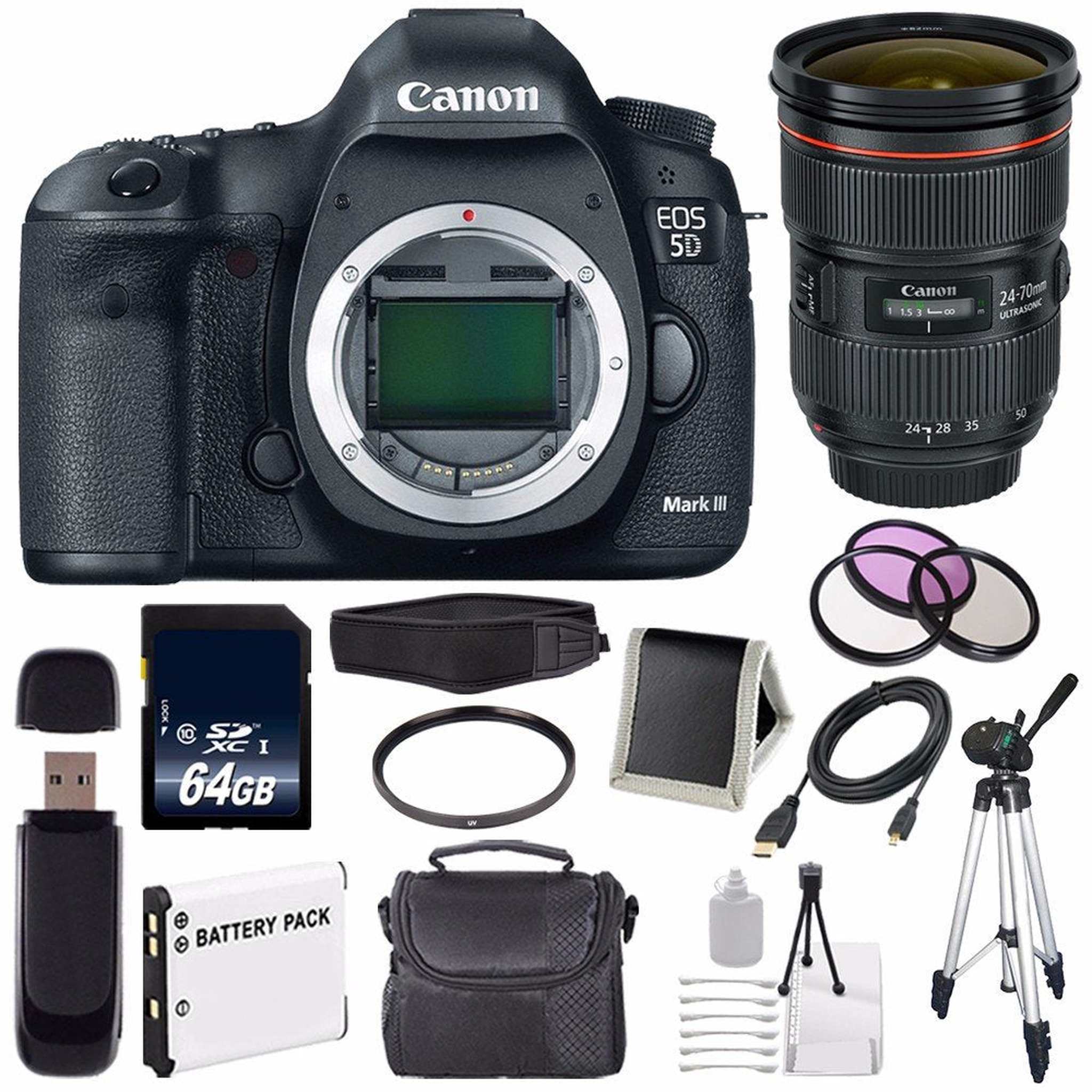 Canon EOD 5D III Digital Camera International Model + Canon EF 24-70mm f/2.8L II USM Lens + LP-E6 Battery + 64GB Memory Canon