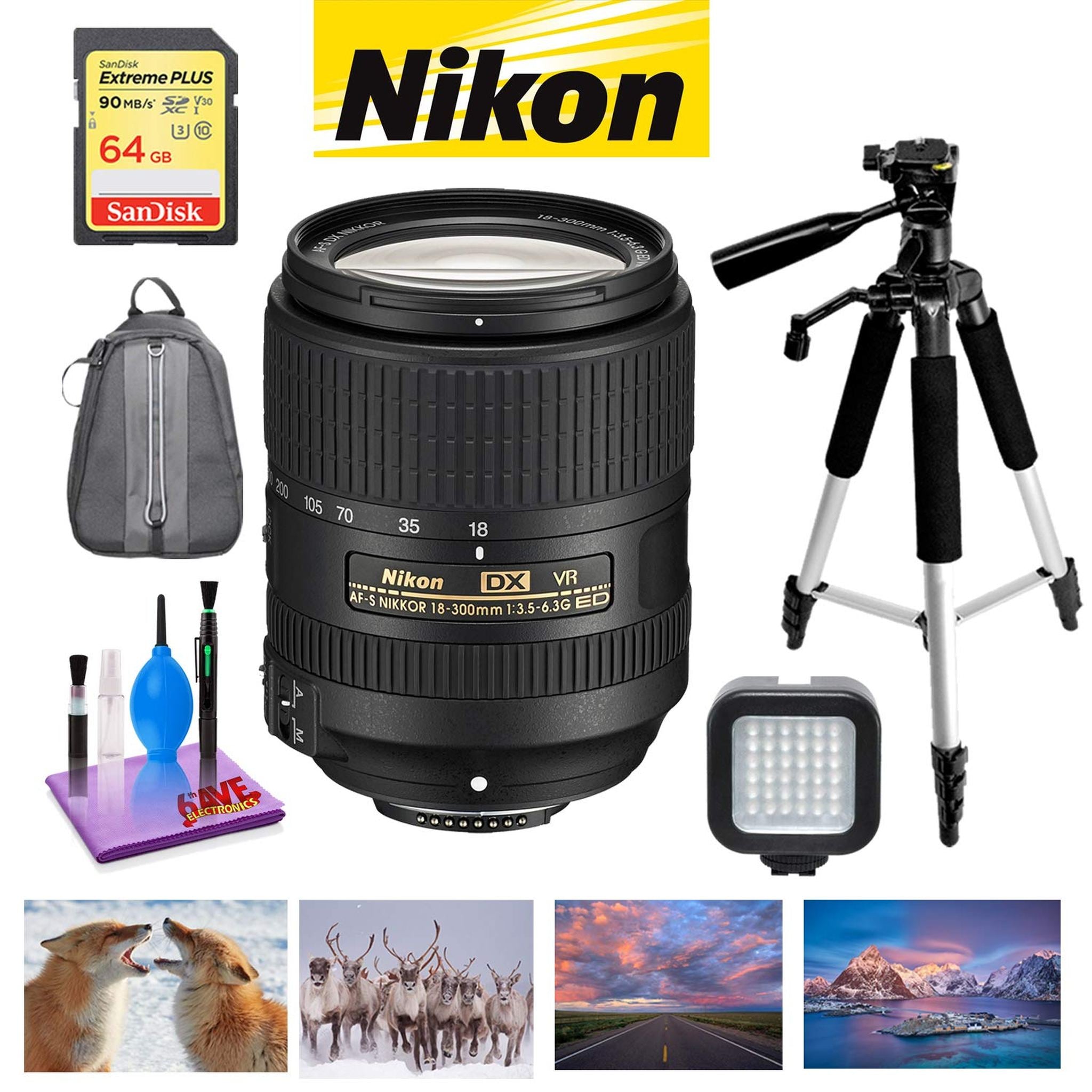 NIKON 18-300MM F/3.5-6.3G ED AF-S DX VR Lens with Sandisk 64GB Memory, Portable LED Light, and Deluxe Padded Backpack Bundle Nikon