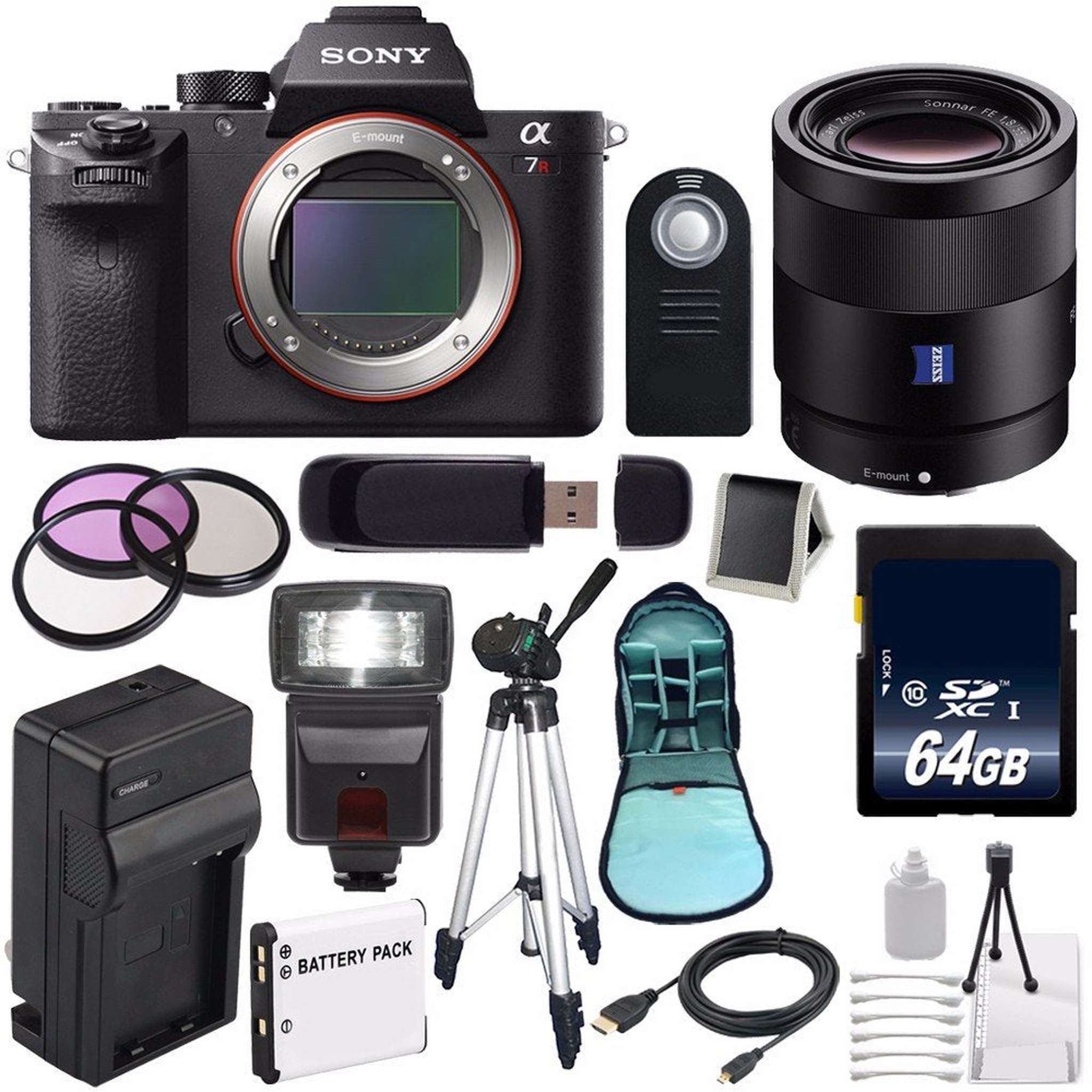 Sony Alpha a7R II Mirrorless Digital Camera International Model + Sony Sonnar T FE 55mm f/1.8 ZA Lens + 49mm 3 Piece Pro Bundle Sony