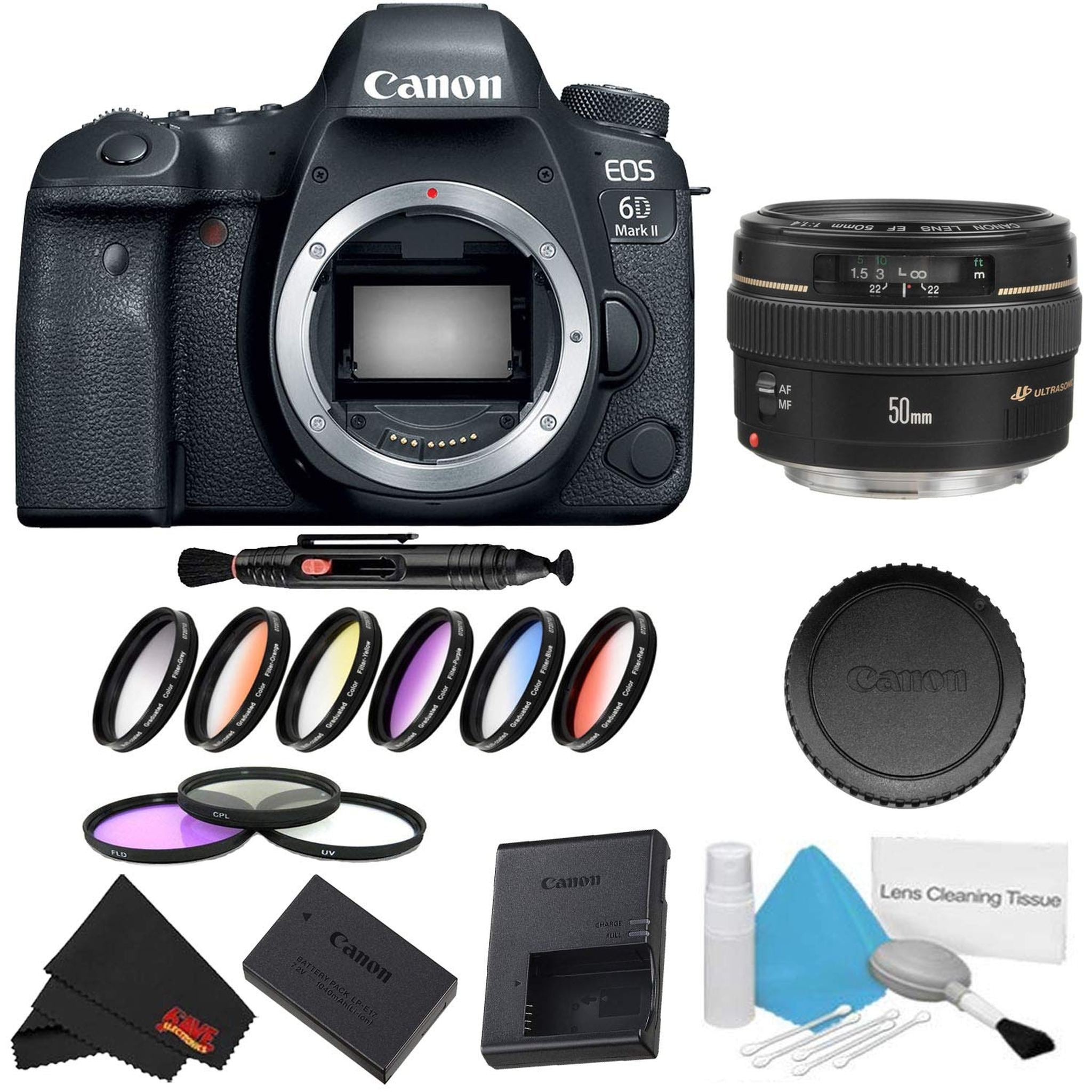 Canon EOS 6D Mark II DSLR Camera Body Only 9 Piece Filter Bundle + Canon EF 50mm f/1.4 USM Lens - International Model Canon